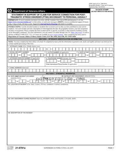 Free Va 21 0781A Form in PDF