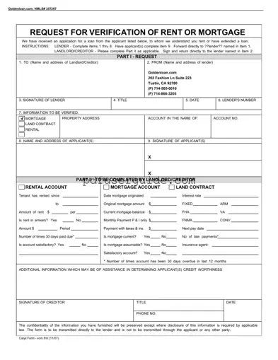 Free Verification Rent Mortgage Form in PDF