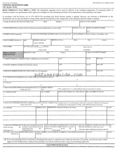 Free Visiting Questionnaire Form in PDF