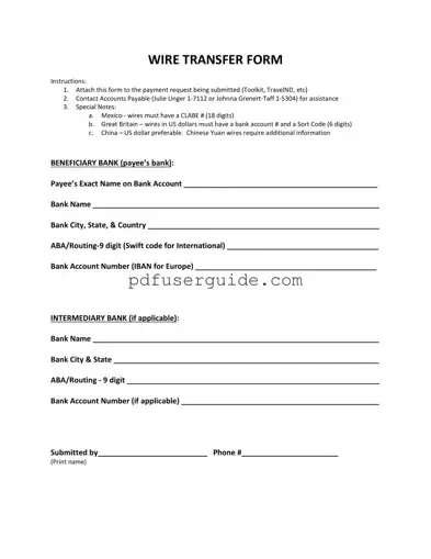 Free Wire Transfer Form in PDF