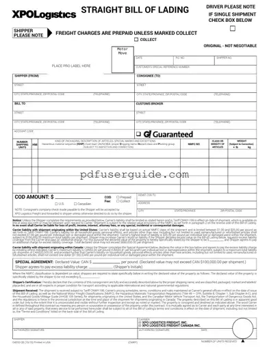 Free Xpo Logistics Bill Of Lading Form in PDF