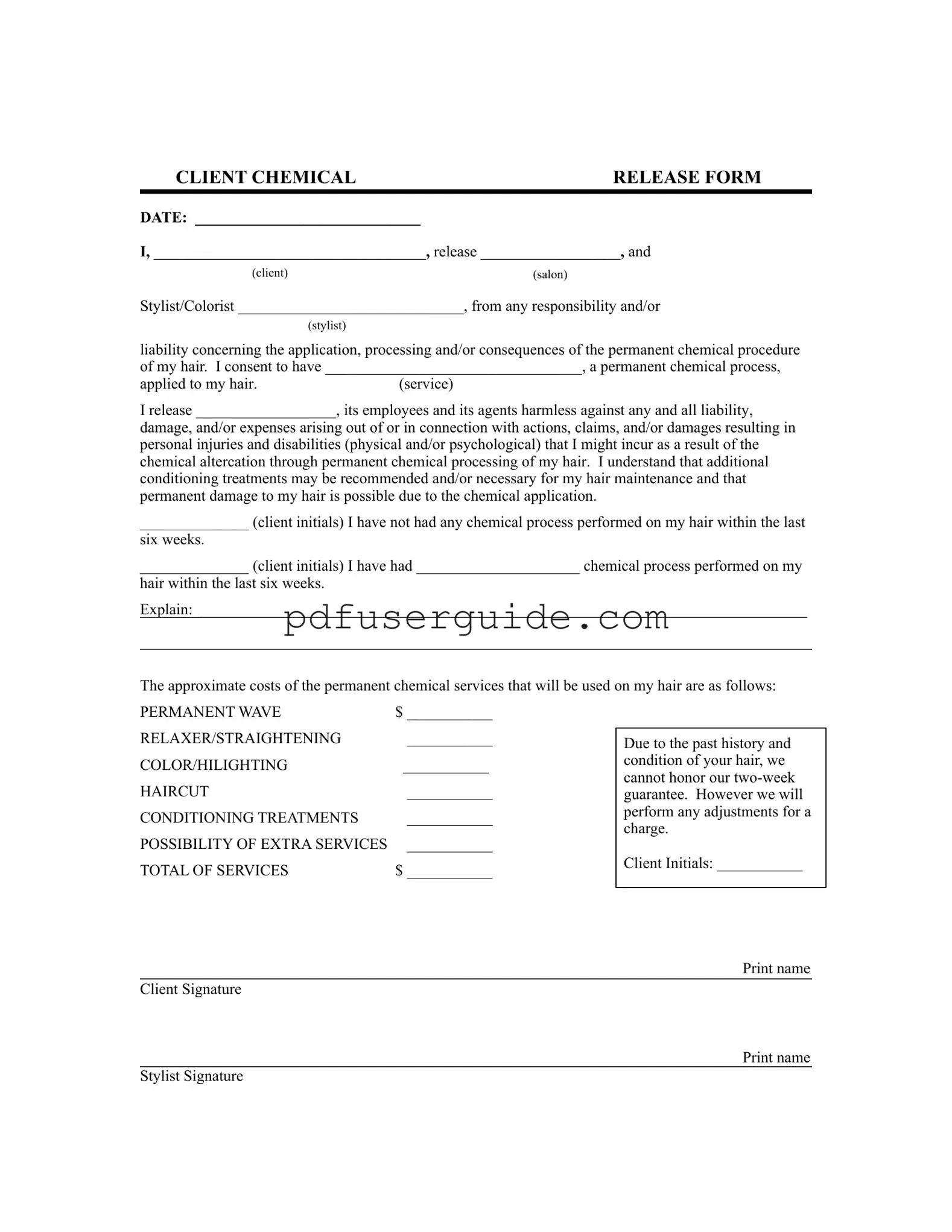 Free Salon Chemical Waiver Form in PDF