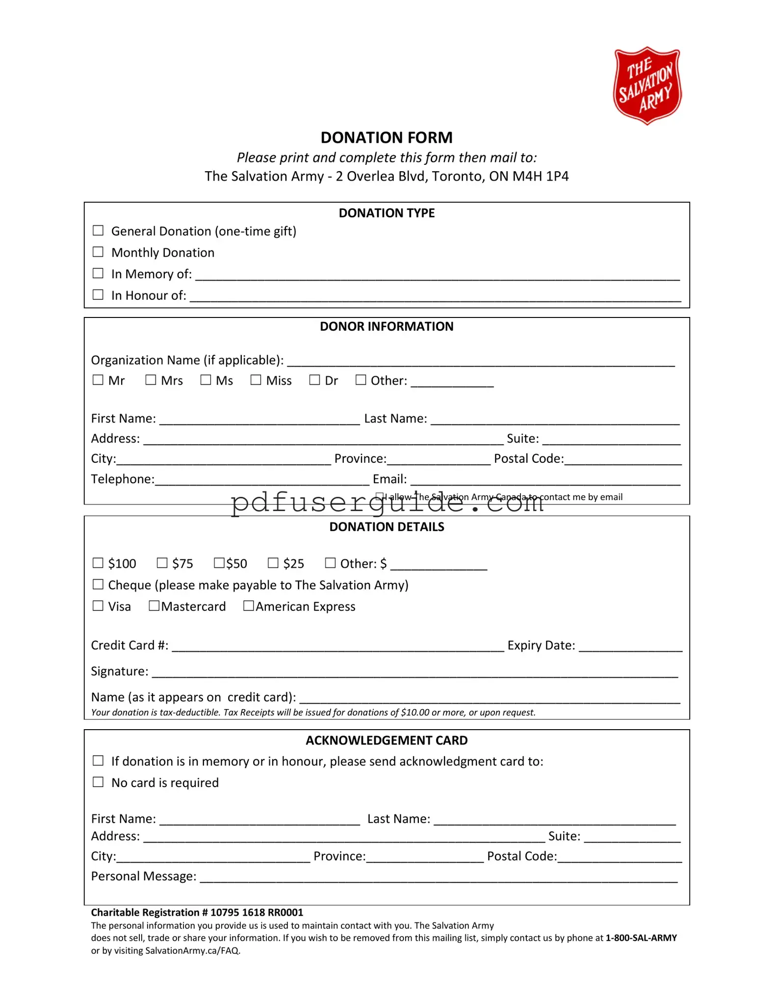 Free Salvation Army Tax Receipt Form in PDF