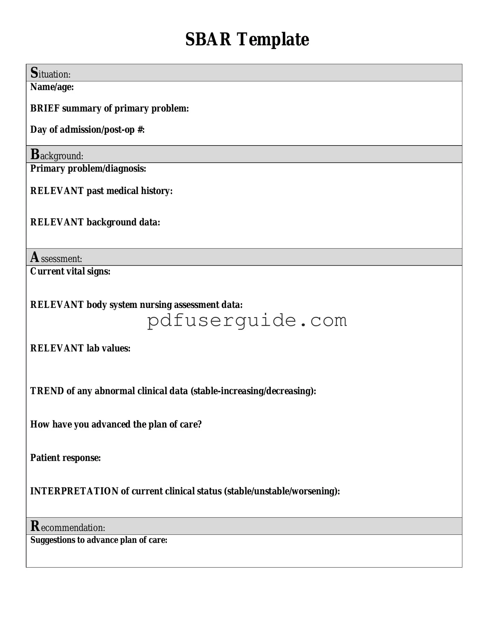 Free Sbar Form in PDF