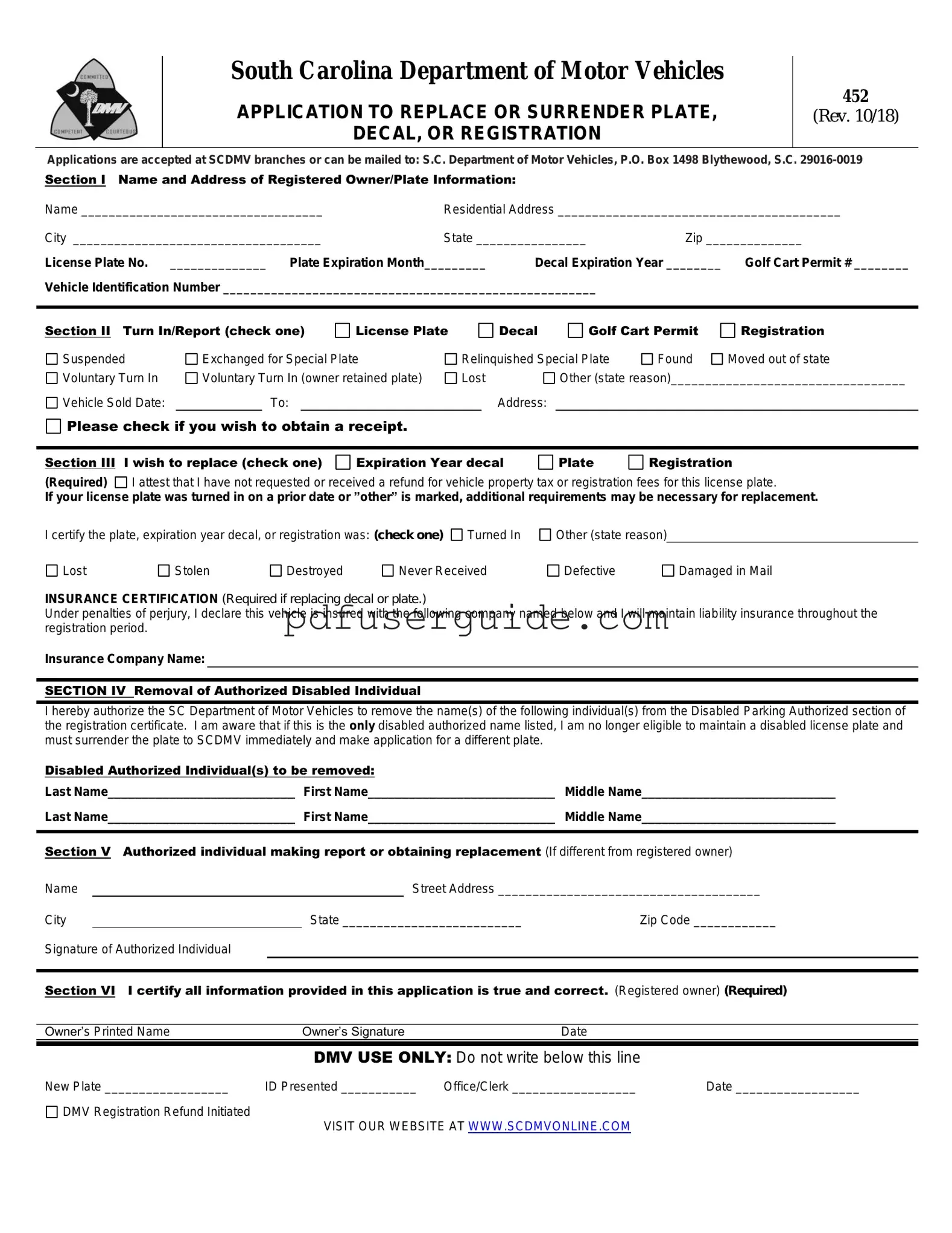 Free Sc 452 Dmv Form in PDF