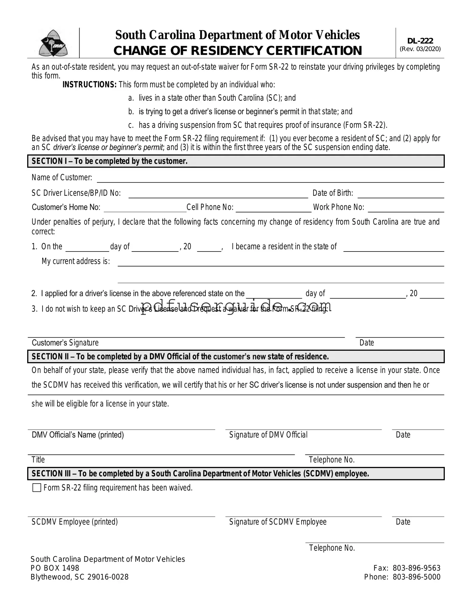 Free Sc Dl 222 Form in PDF