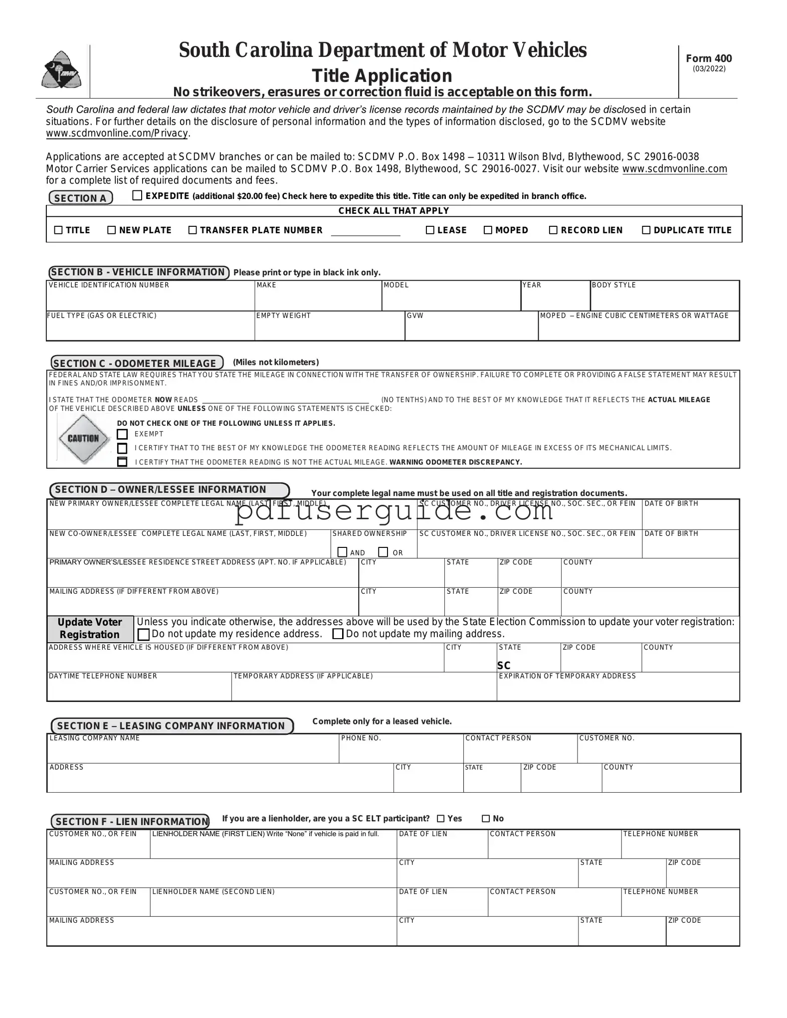 Free Sc Dmv 400 Form in PDF