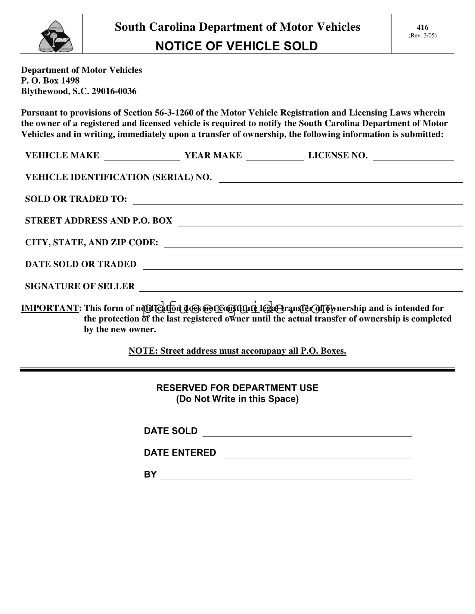 Free Sc Dmv 416 Form in PDF