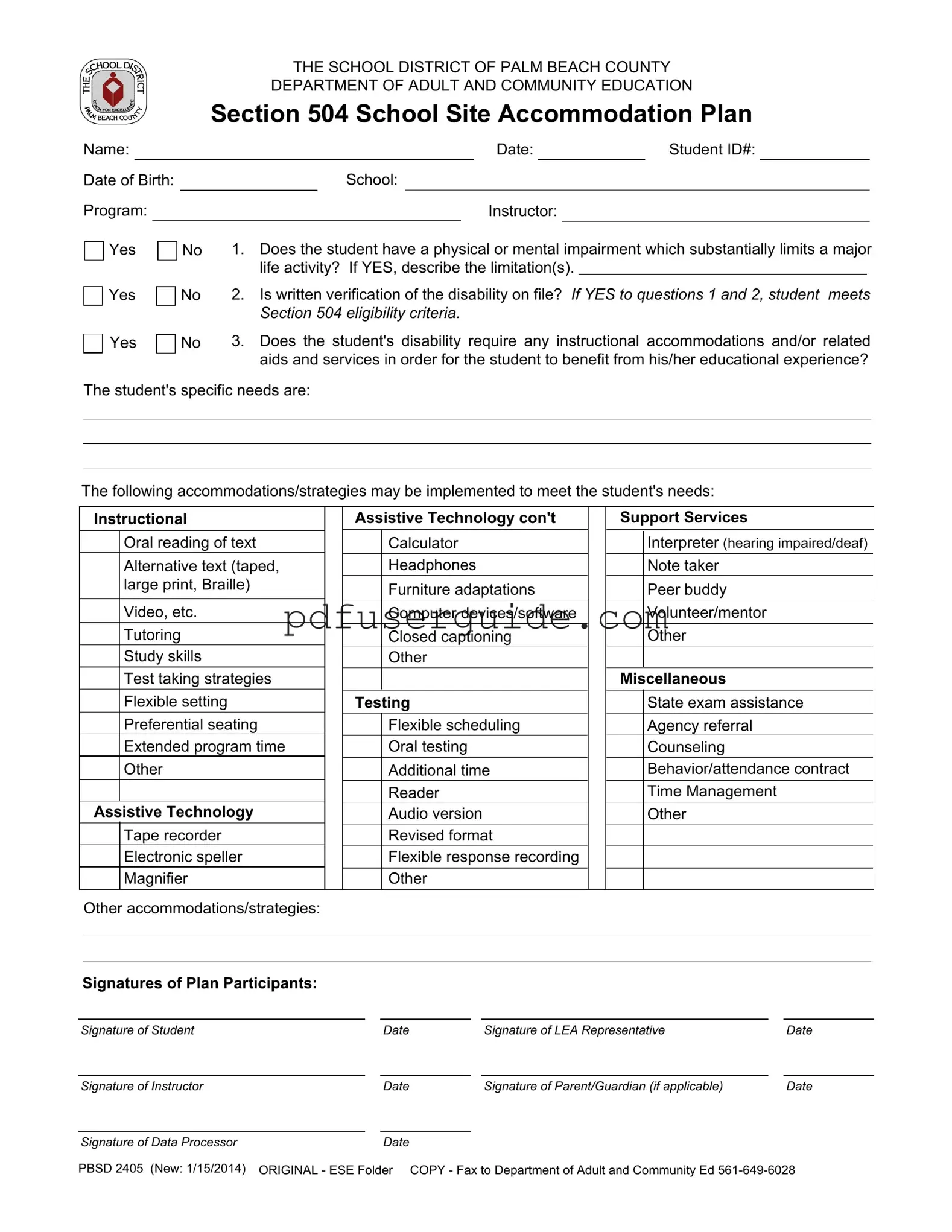 Free School 504 Form in PDF
