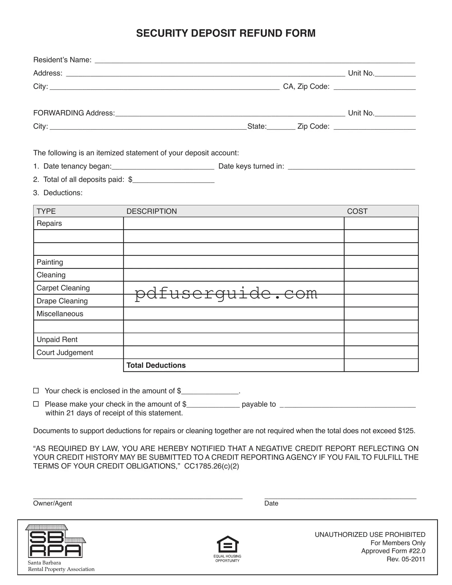 Free Security Deposit Deductions Form in PDF