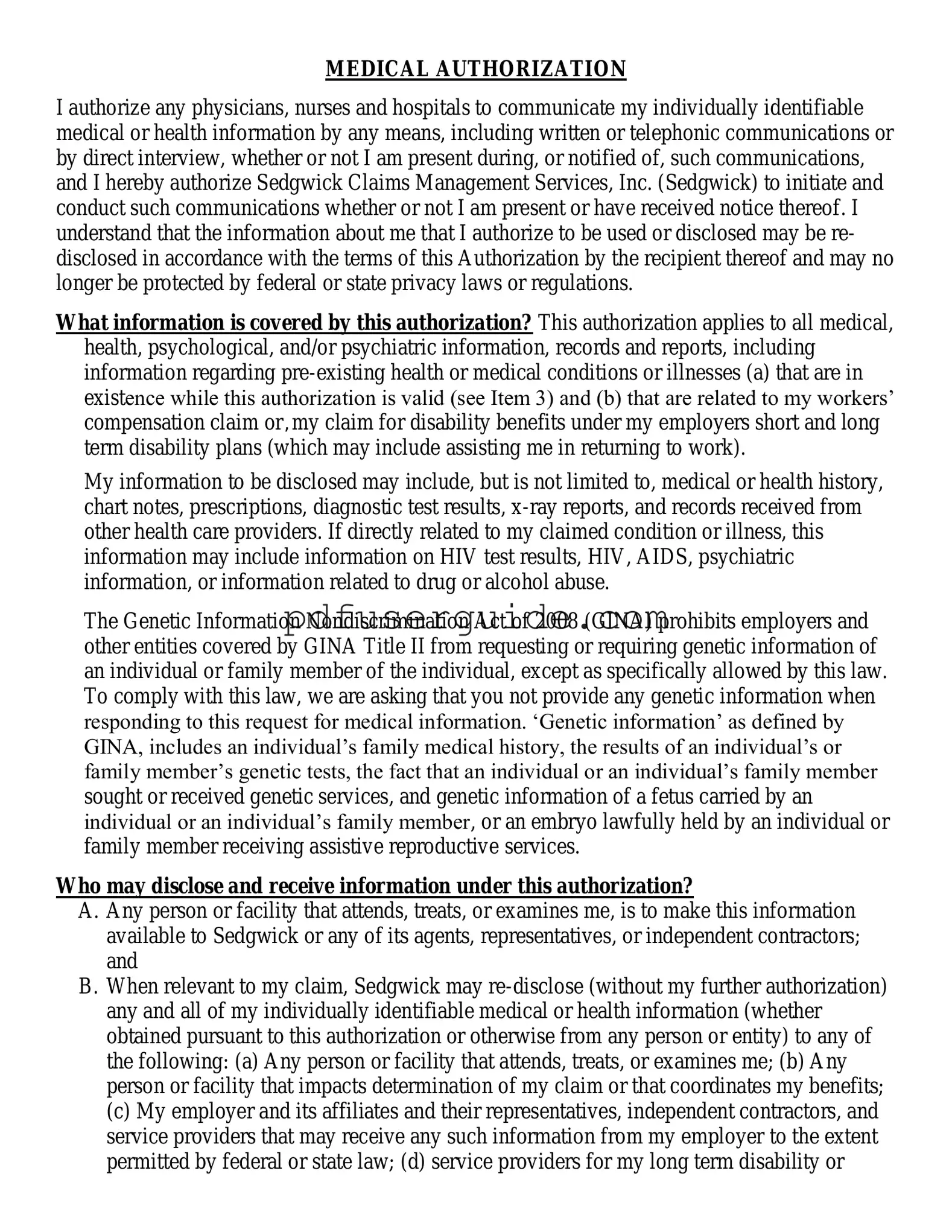Free Sedgwick Medical Release Form in PDF