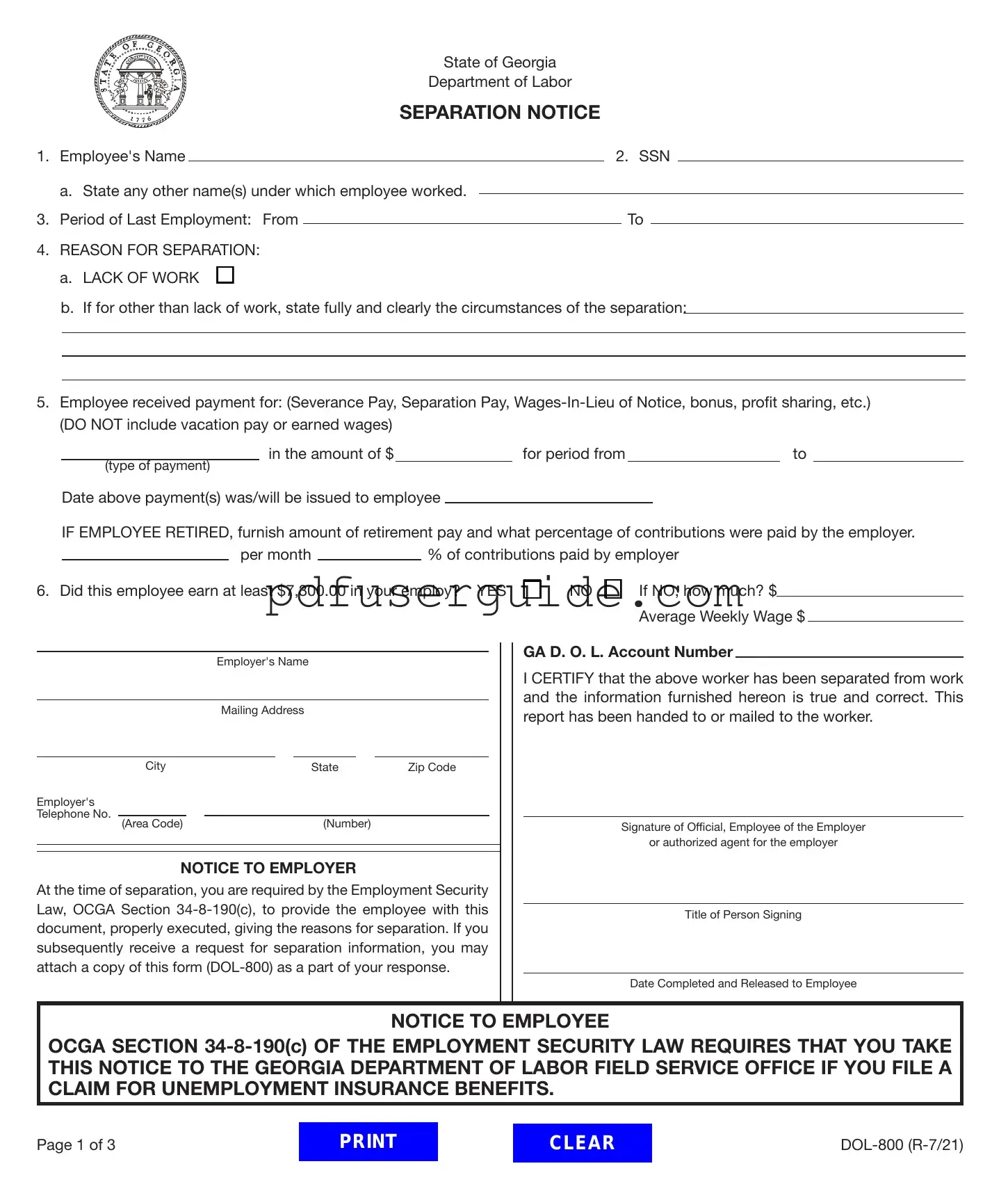 Free Separation Notice For Ga Form in PDF