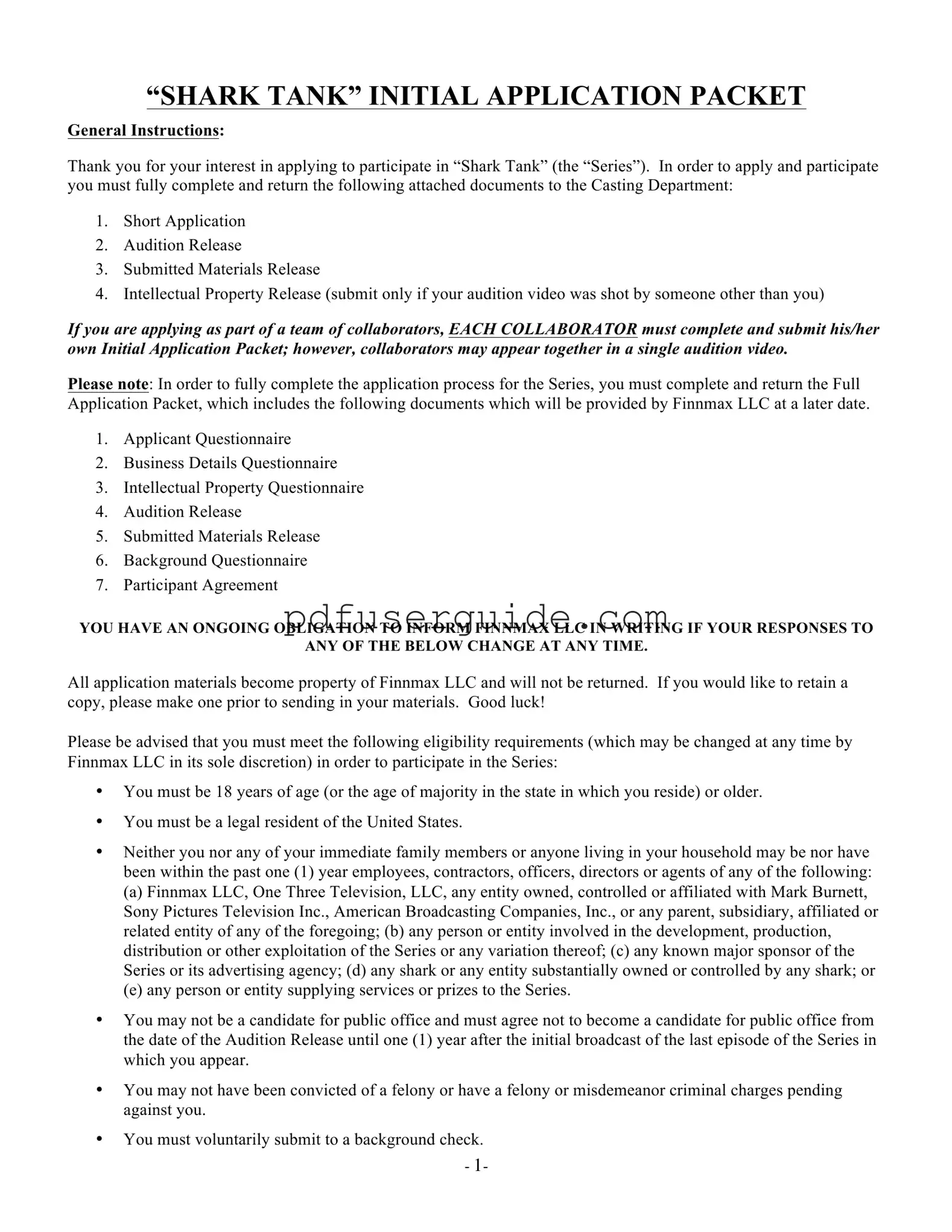 Free Shark Tank Application Form in PDF
