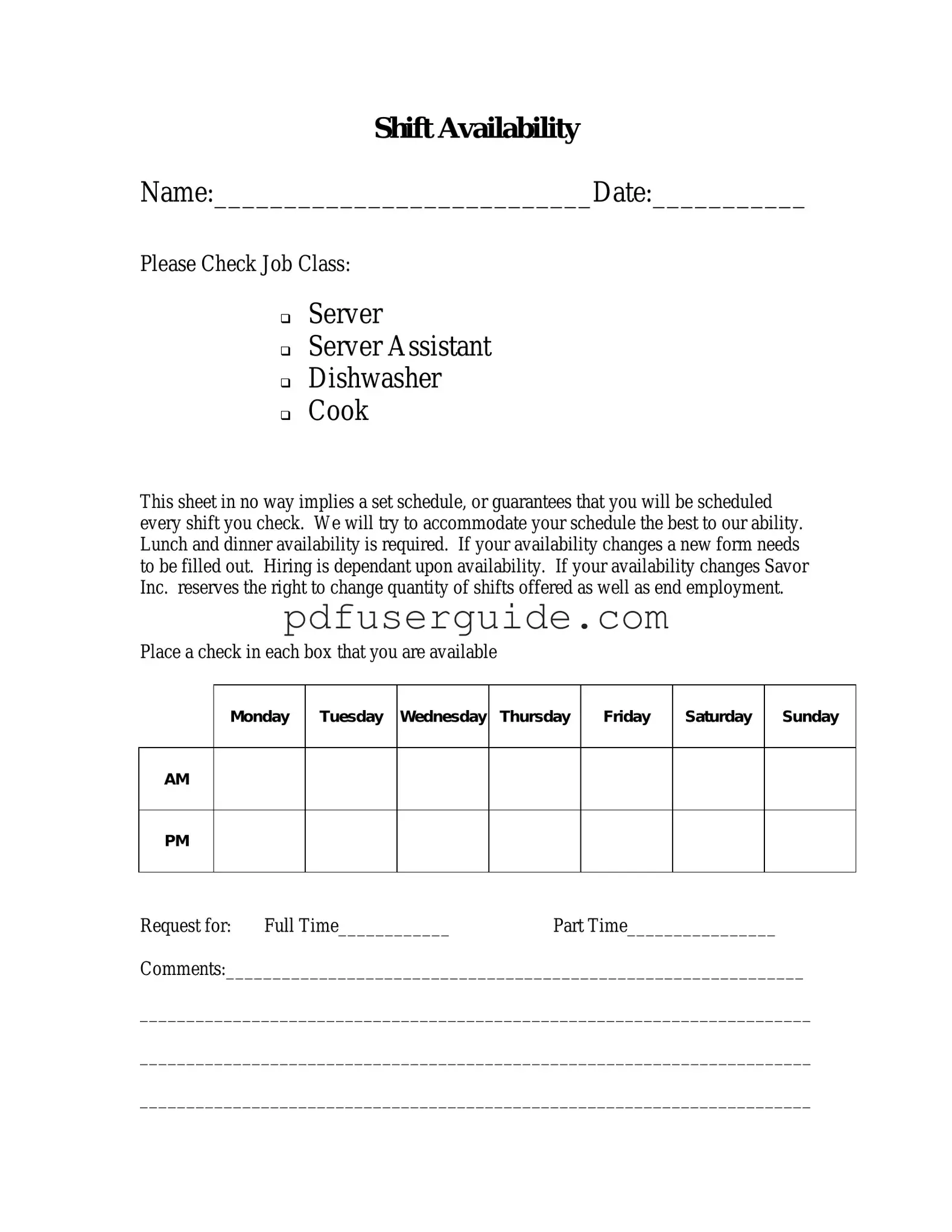 Free Shift Availability Form in PDF