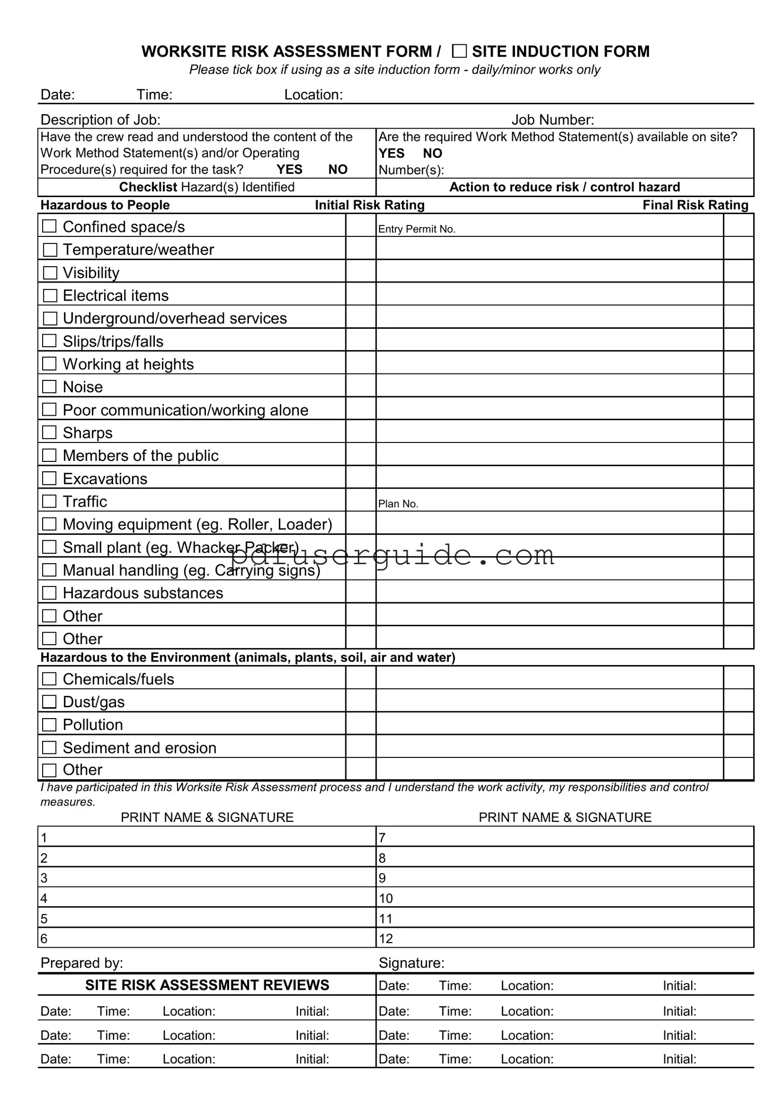 Free Site Induction Sheet Form in PDF