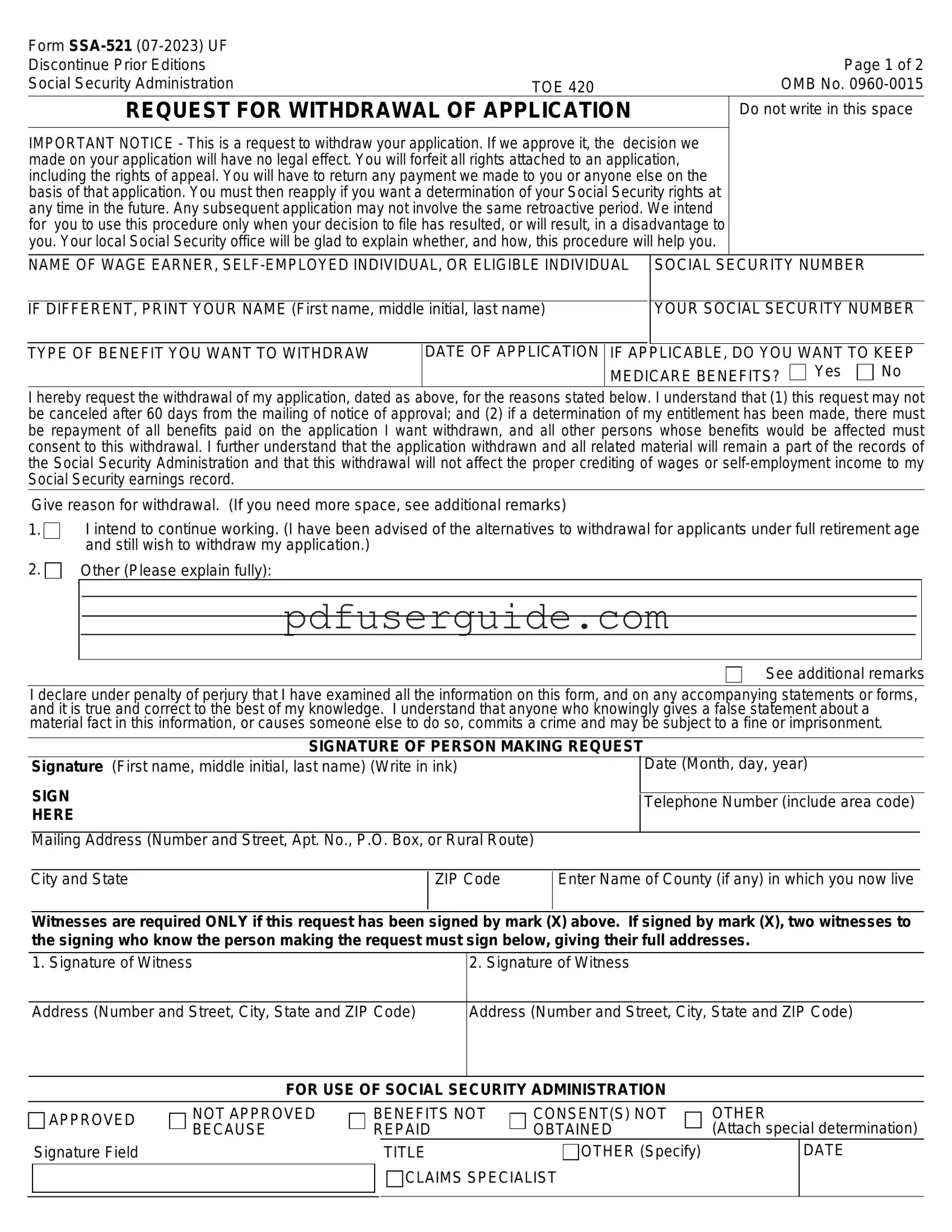 Free Social Security Ssa 521 Form in PDF
