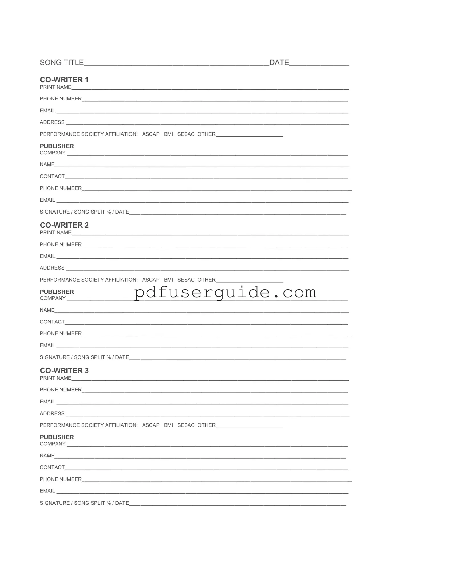 Free Songwriting Split Sheet Form in PDF