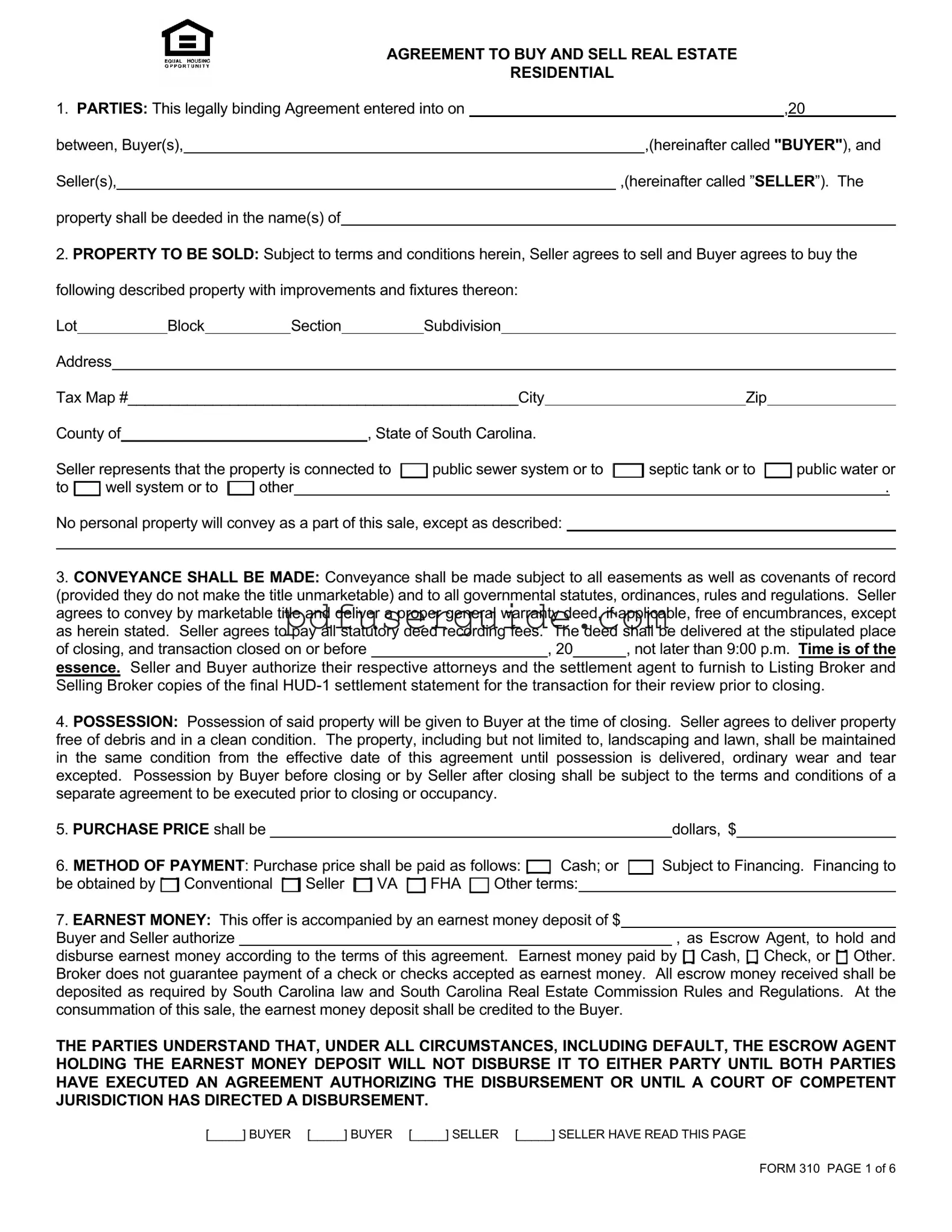 Free South Carolina Real Estate Contract 310 Form in PDF