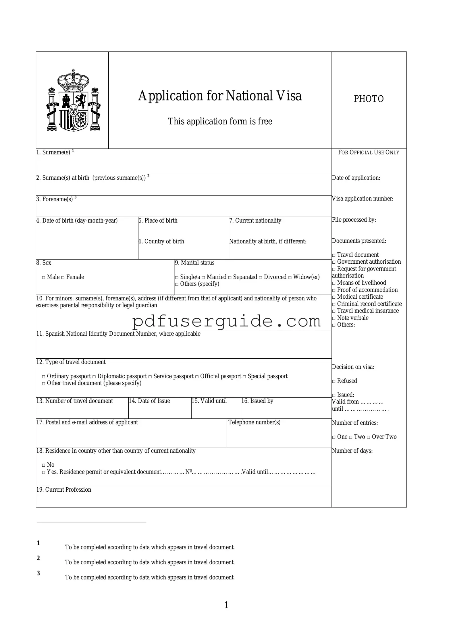 Free Spain National Visa Application Form in PDF