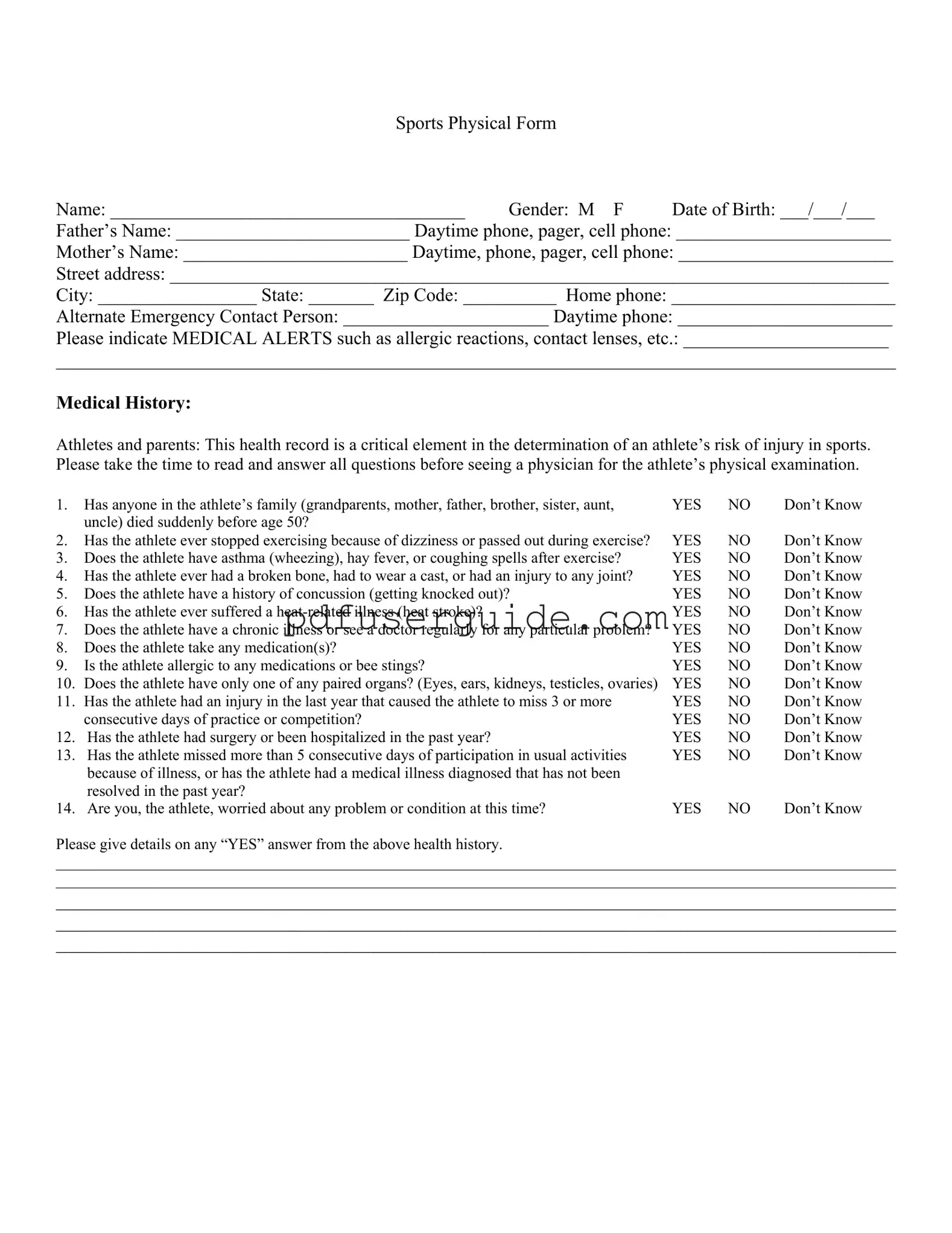 Free Sports Physical Form in PDF