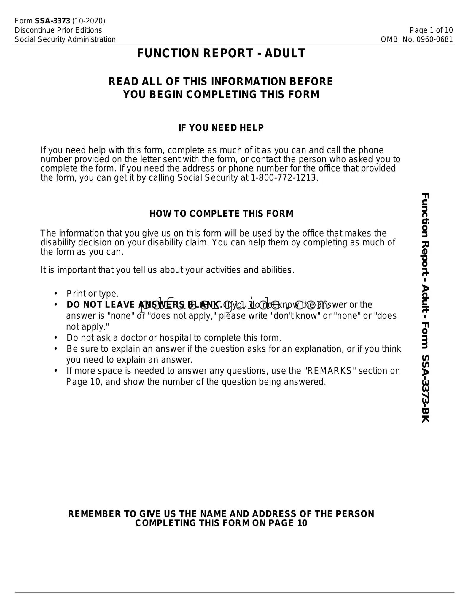 Free SSA SSA-3373-BK Form in PDF