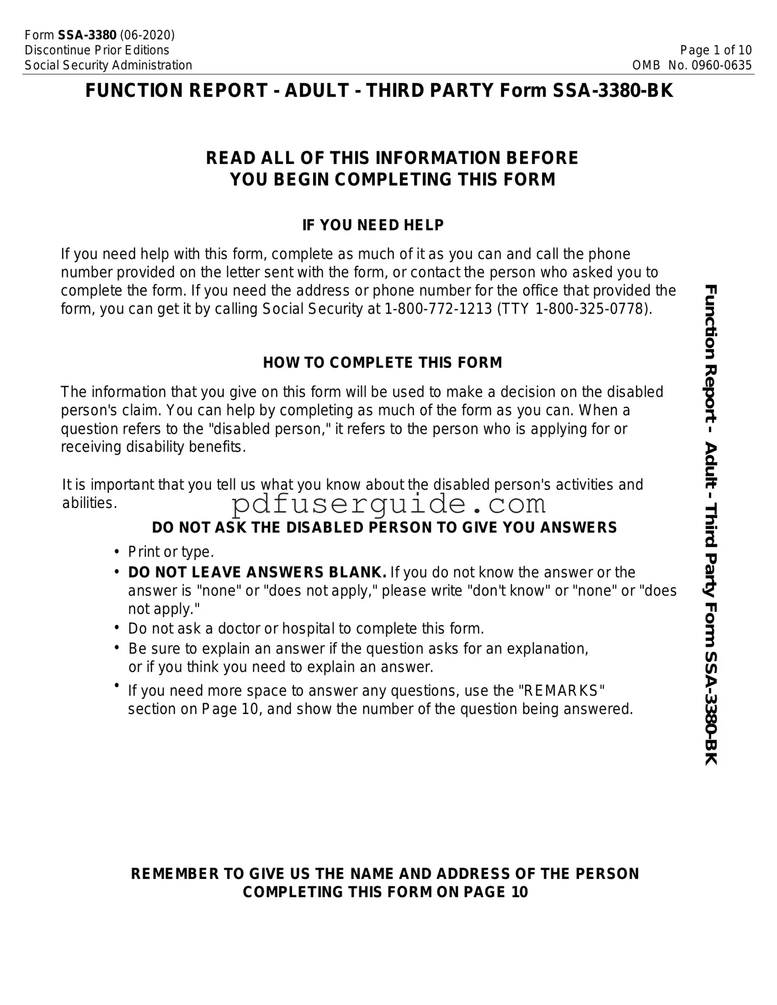 Free SSA SSA-3380-BK Form in PDF