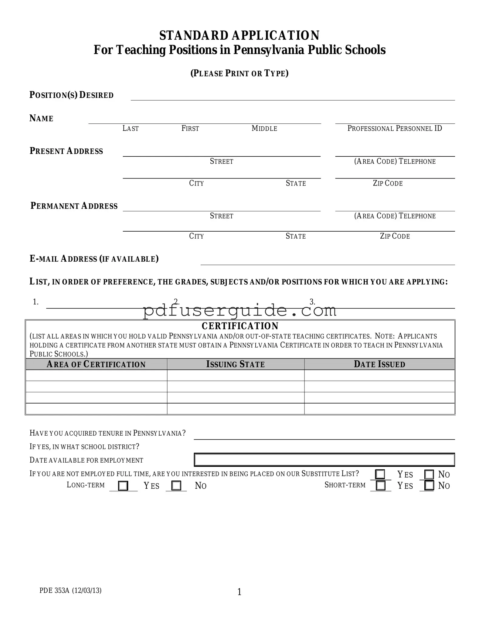 Free Standard Pa Application Form in PDF