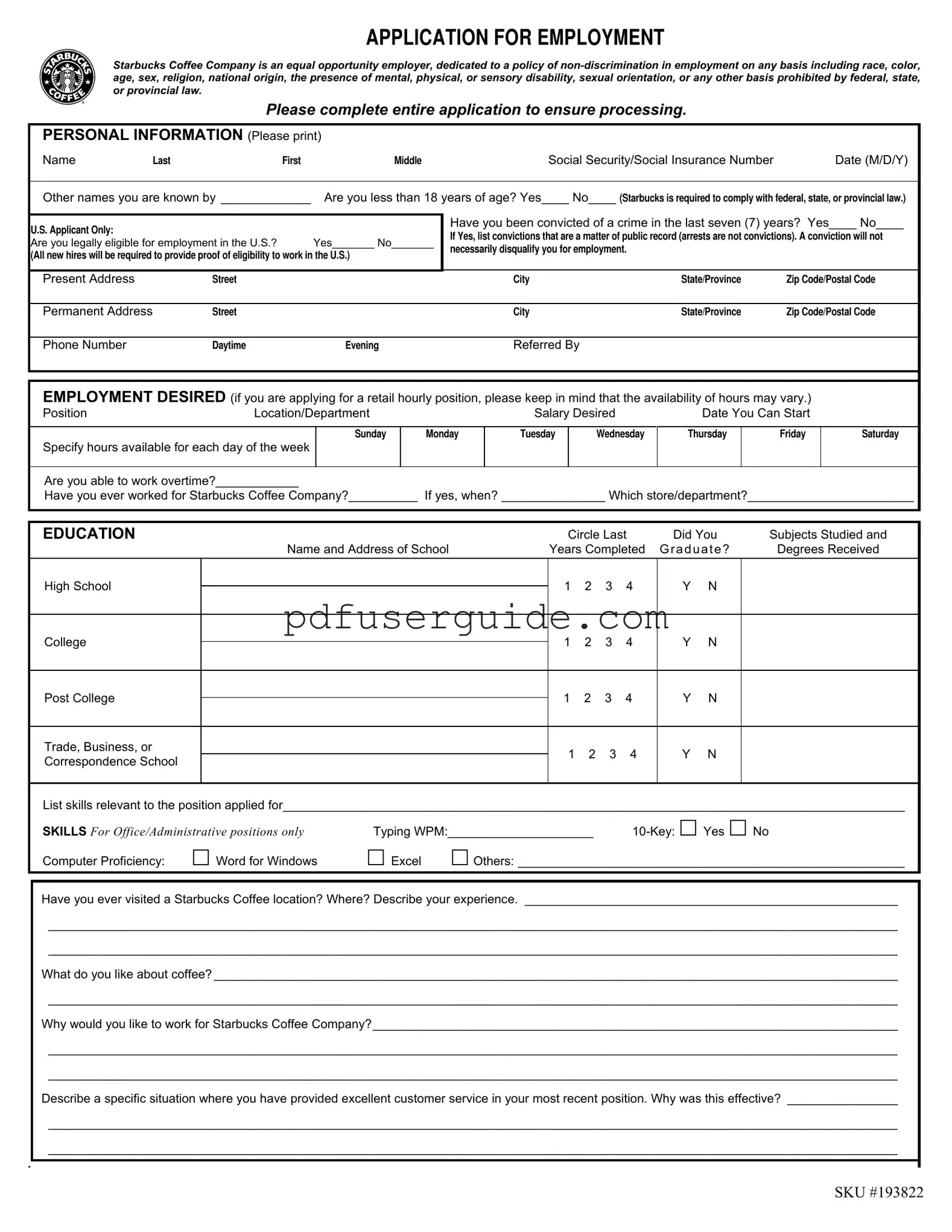 Free Starbucks Application Form in PDF