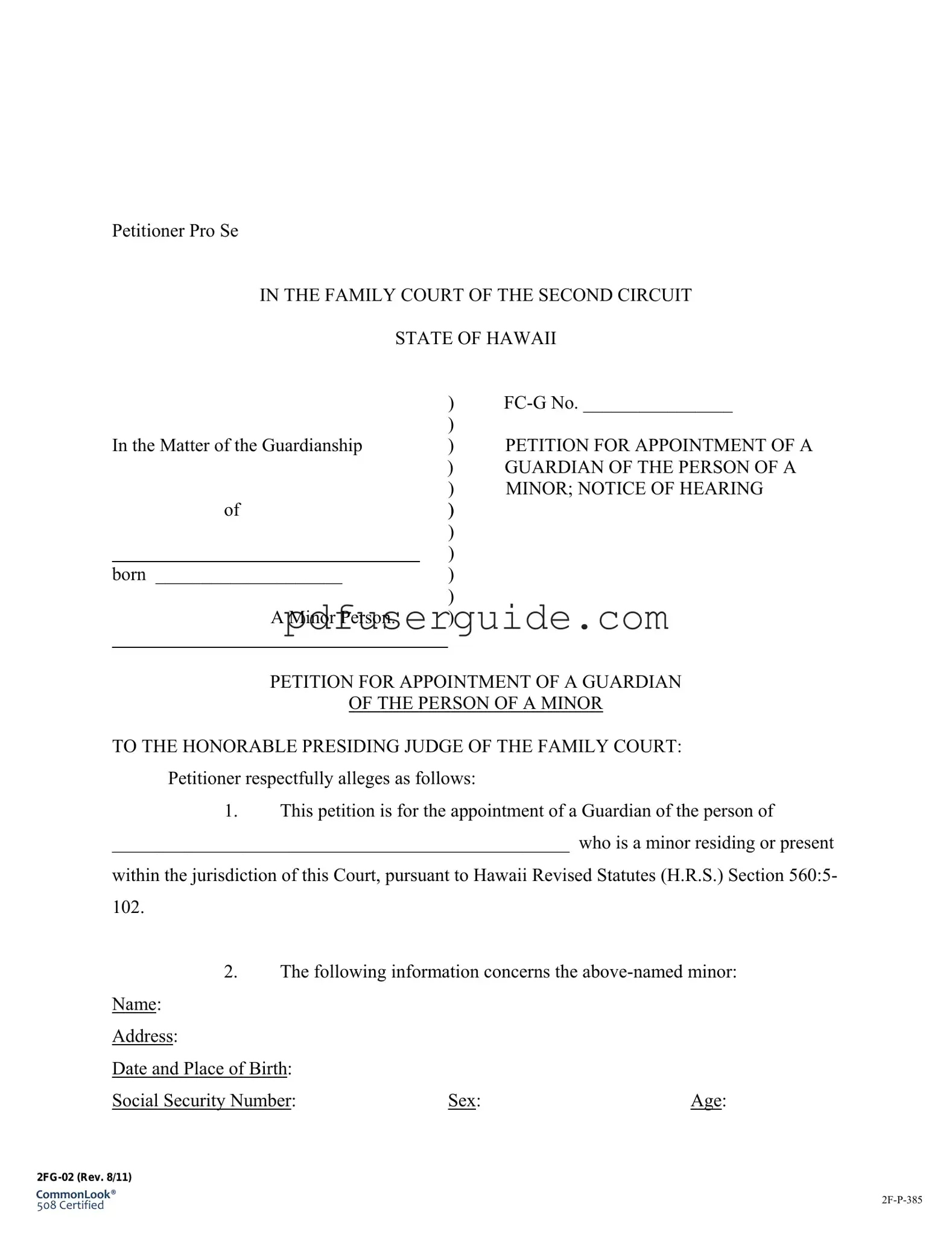 Free State Hawaii Guardianship Form in PDF