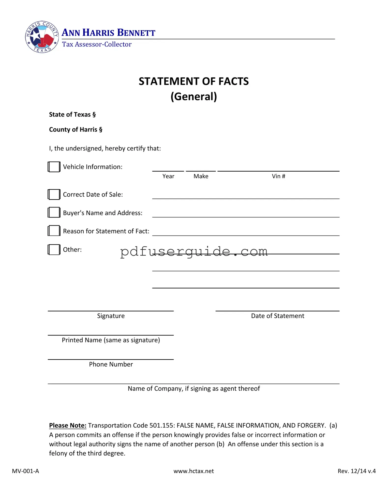 Free Statement Of Fact Texas Form in PDF