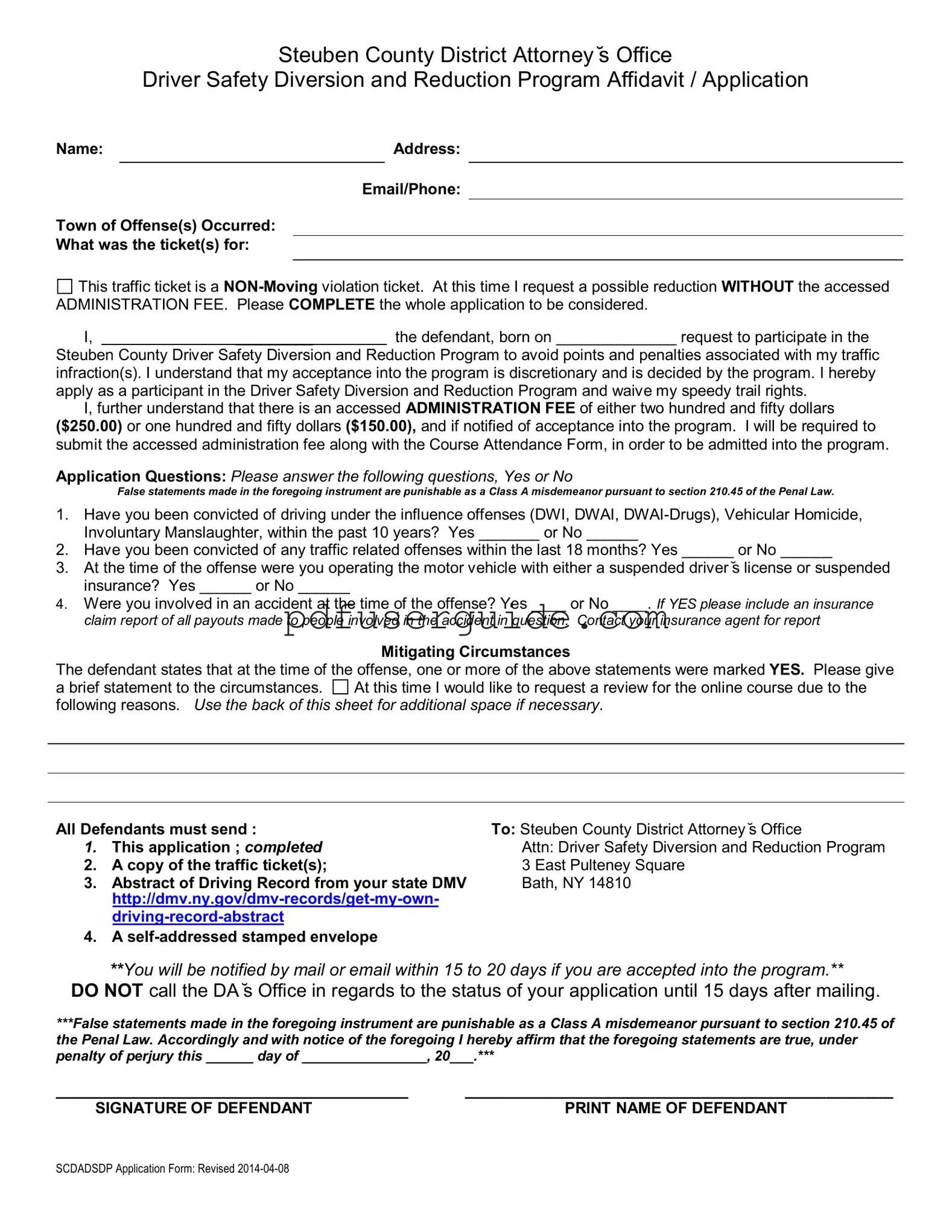 Free Steuben County Driver Diversion Program Form in PDF
