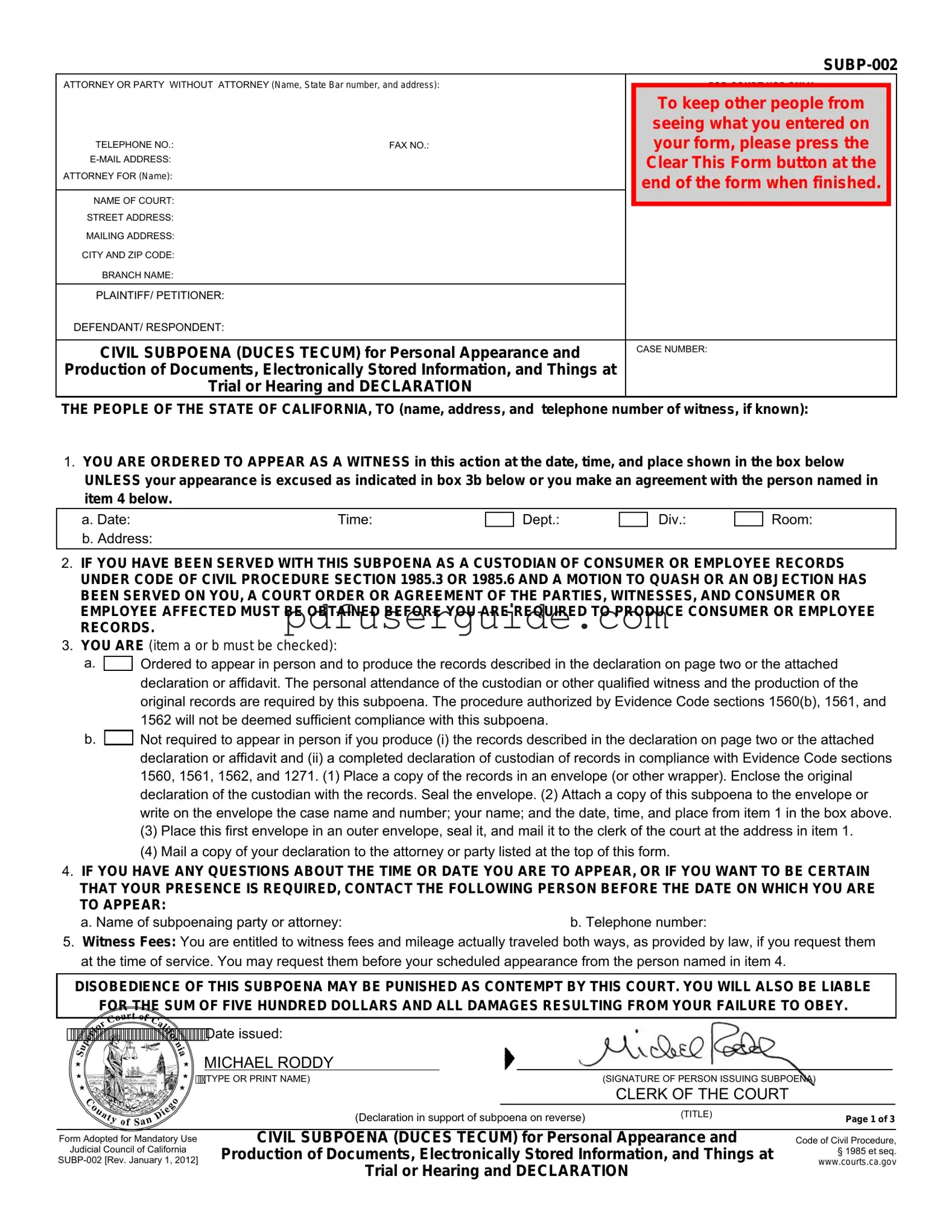 Free Subp 002 Form in PDF