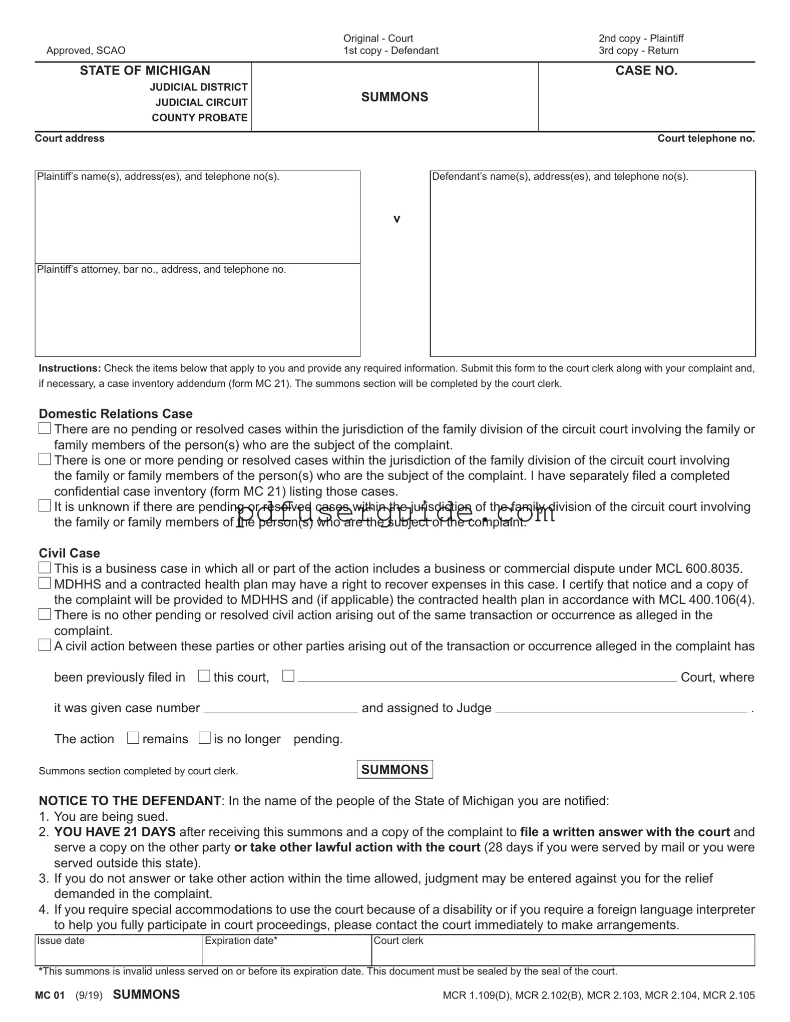 Free Summons And Complaint Form in PDF