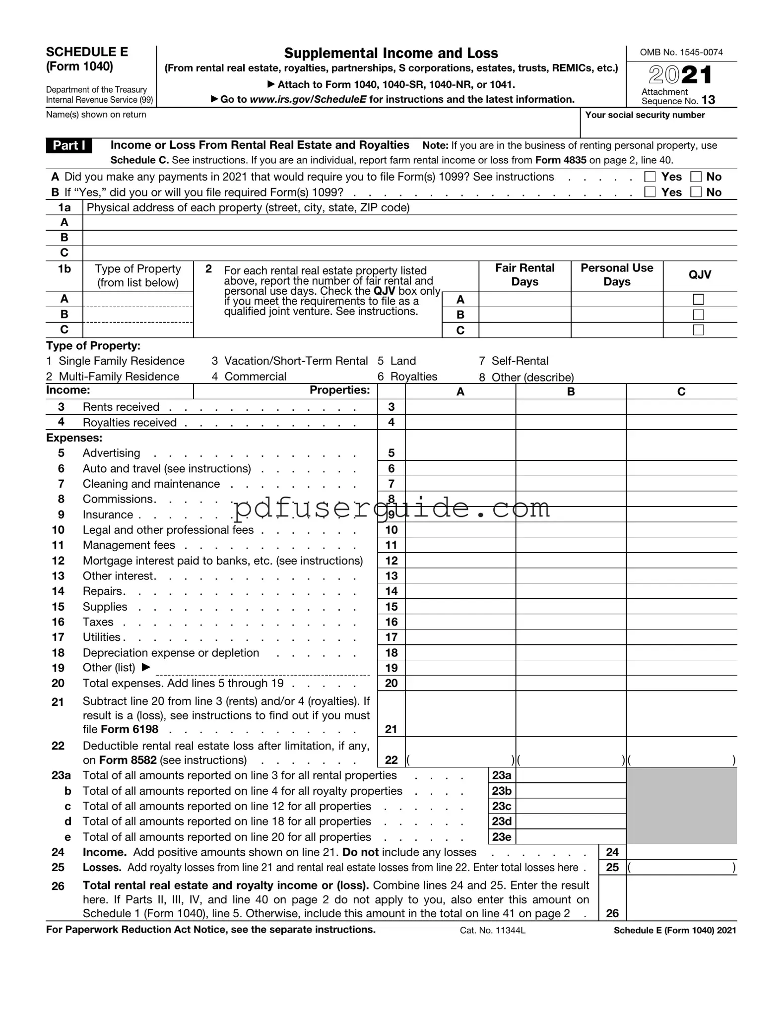 Free IRS Schedule E 1040 Form in PDF