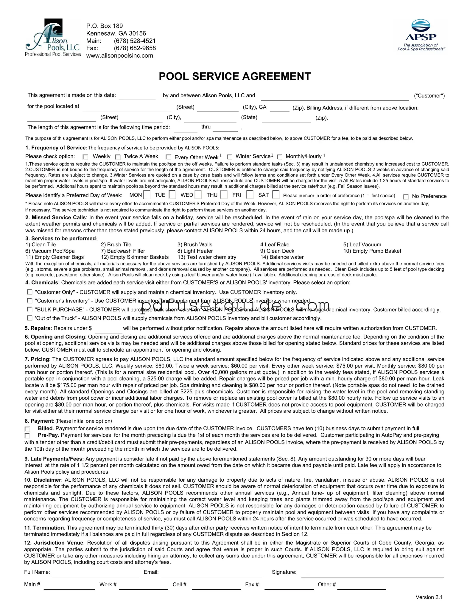Free Swimming Pool Service Agreement Form in PDF
