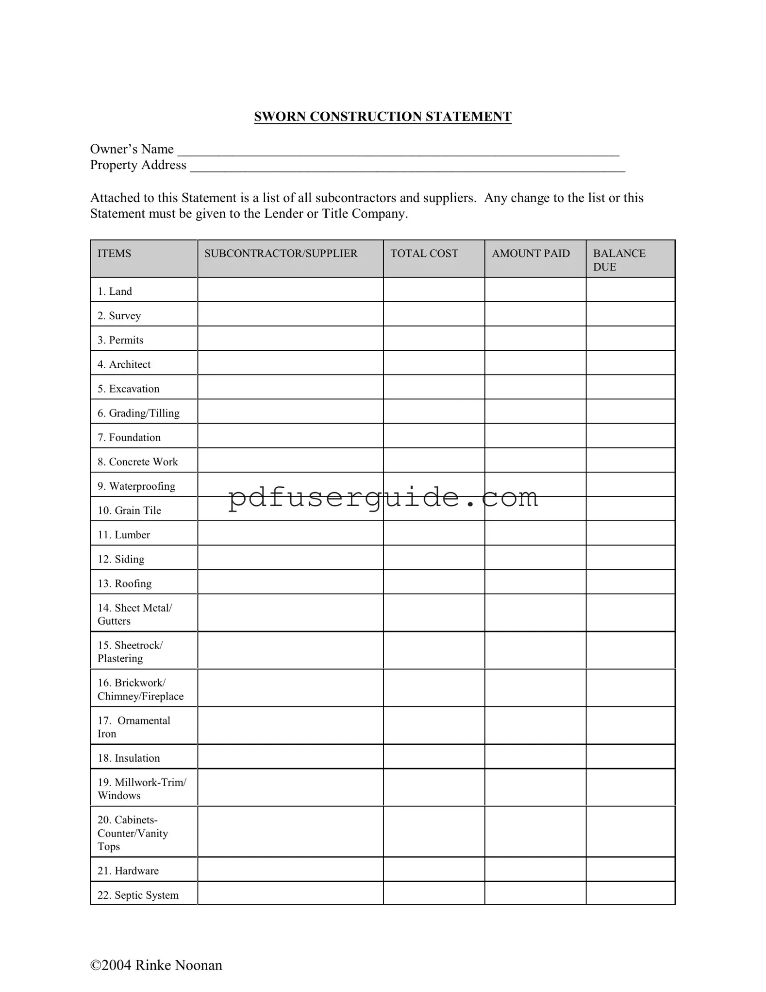 Free Sworn Construction Statement Form in PDF