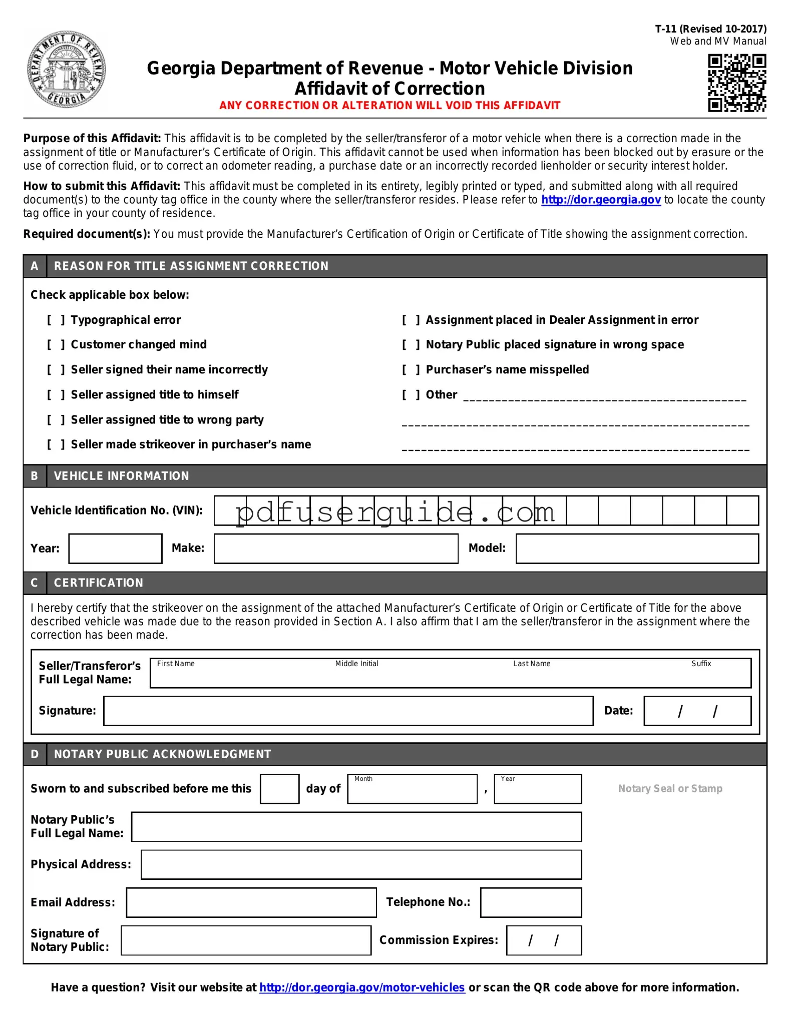 Free T11 Affidavit Of Correction Form in PDF