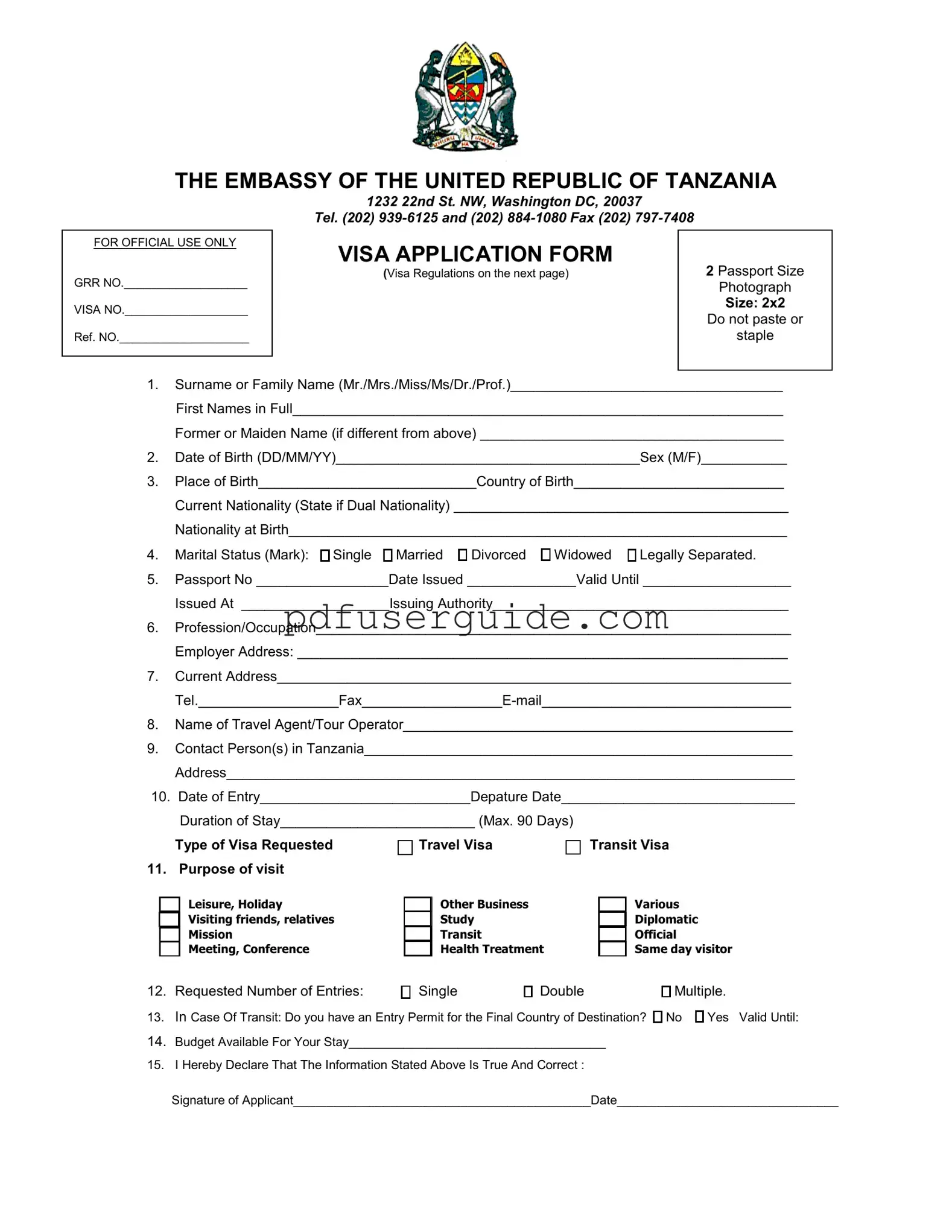 Free Tanzania Visa Applicaiton Form in PDF