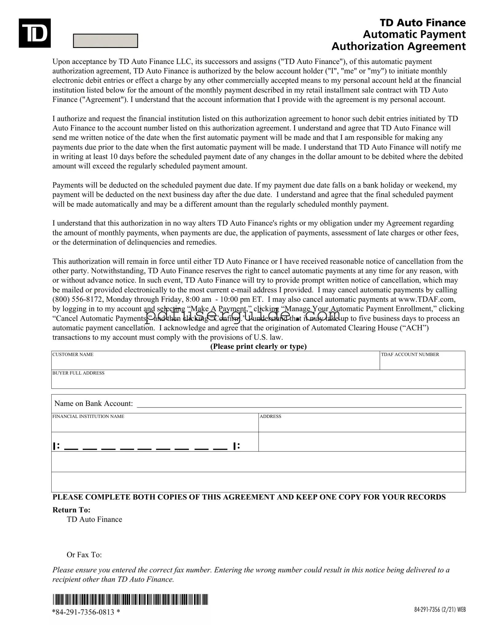Free Td Auto Finance Us Form in PDF