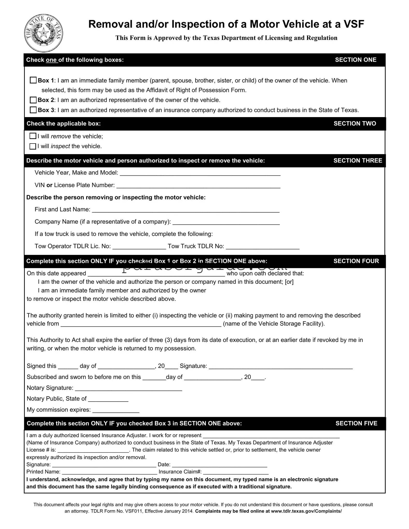 Free Tdlr Vsf011 Form in PDF