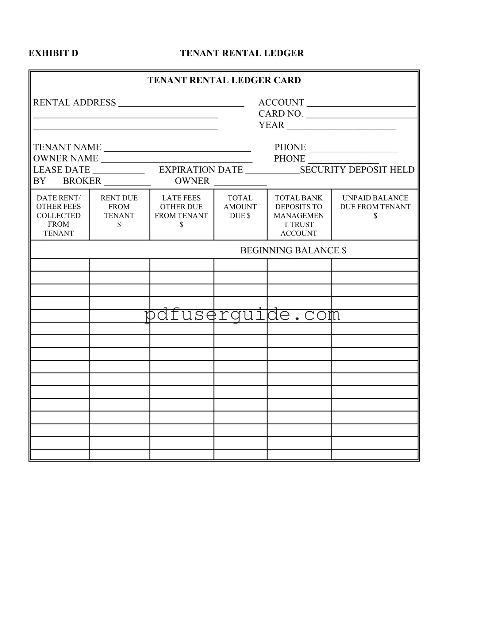 Free Tenant Ledger Card Form in PDF