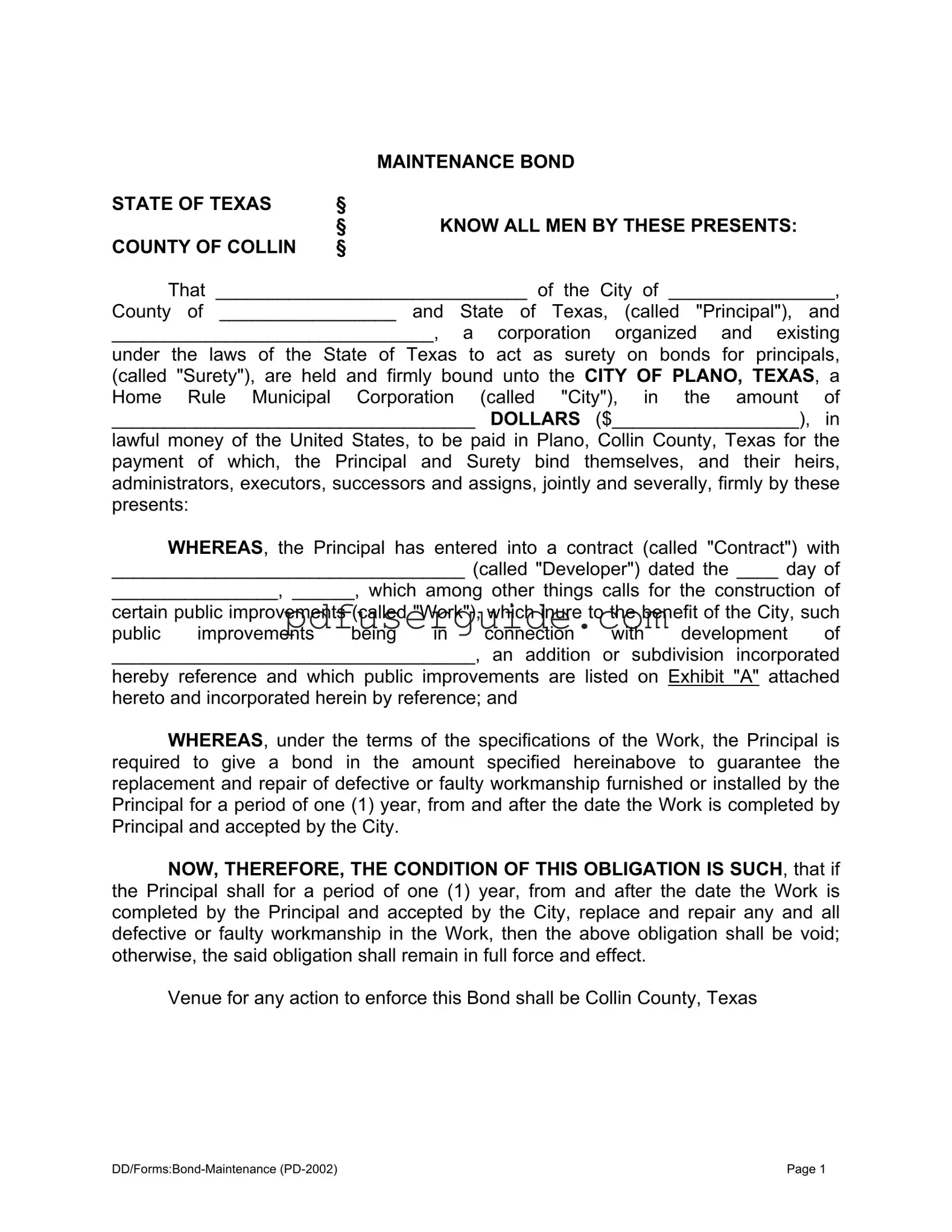Free Texas Maintenance Bond Form in PDF