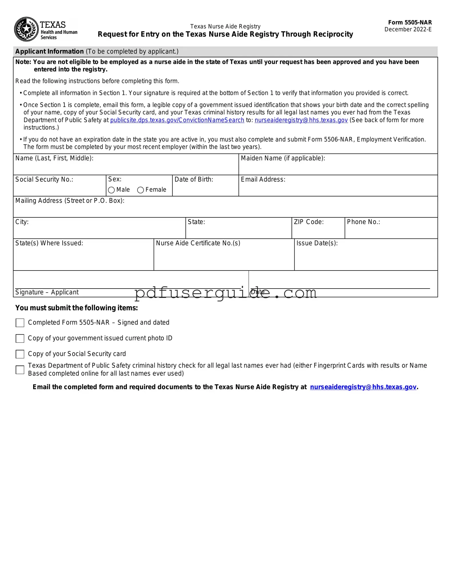 Free Texas Nurse Aide Registry 5505-NAR Form in PDF