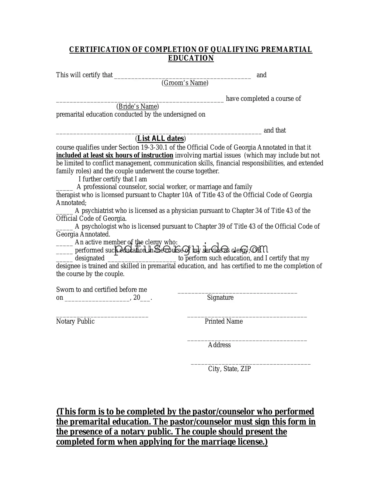 Free Texas Premarital Course Certificate Form in PDF