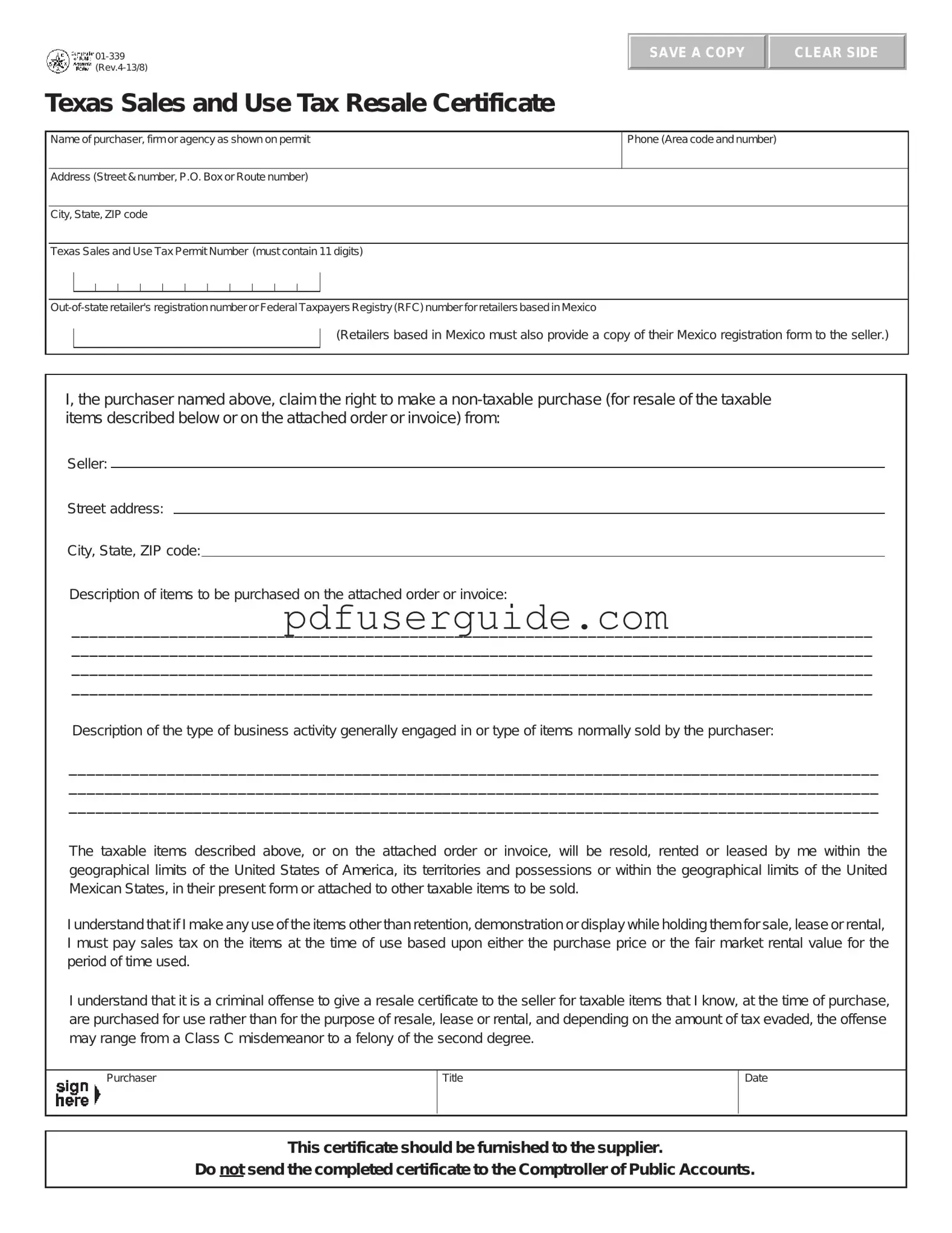 Free Texas Resale Certificate 01 339 Form in PDF