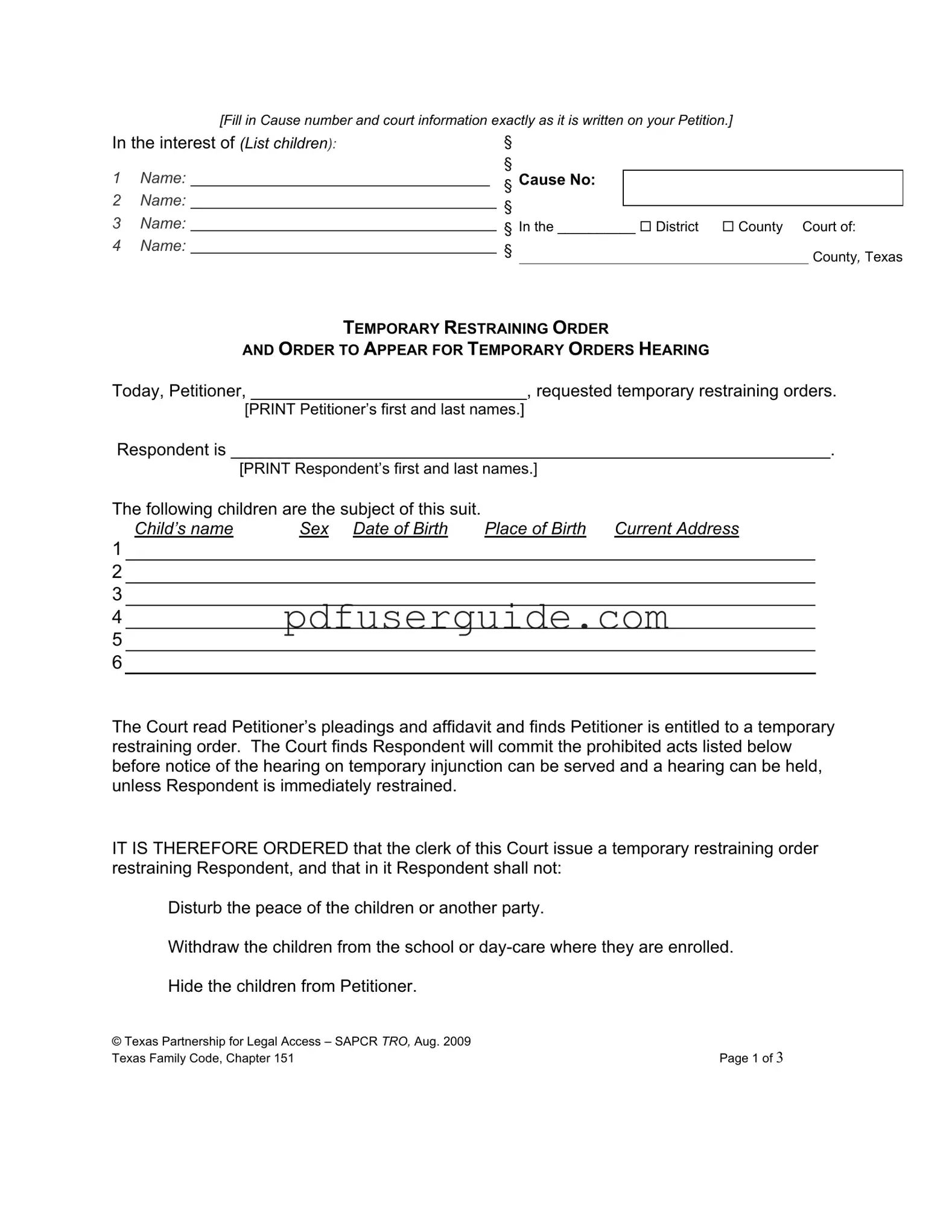 Free Texas Temporary Restraining Order Form in PDF