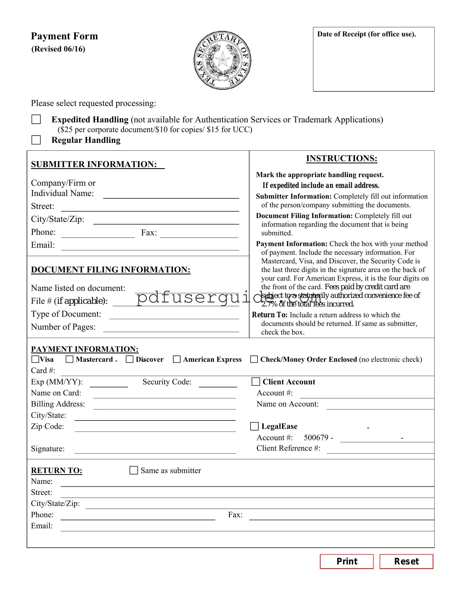 Free Texas Sos Payment 807 Form in PDF