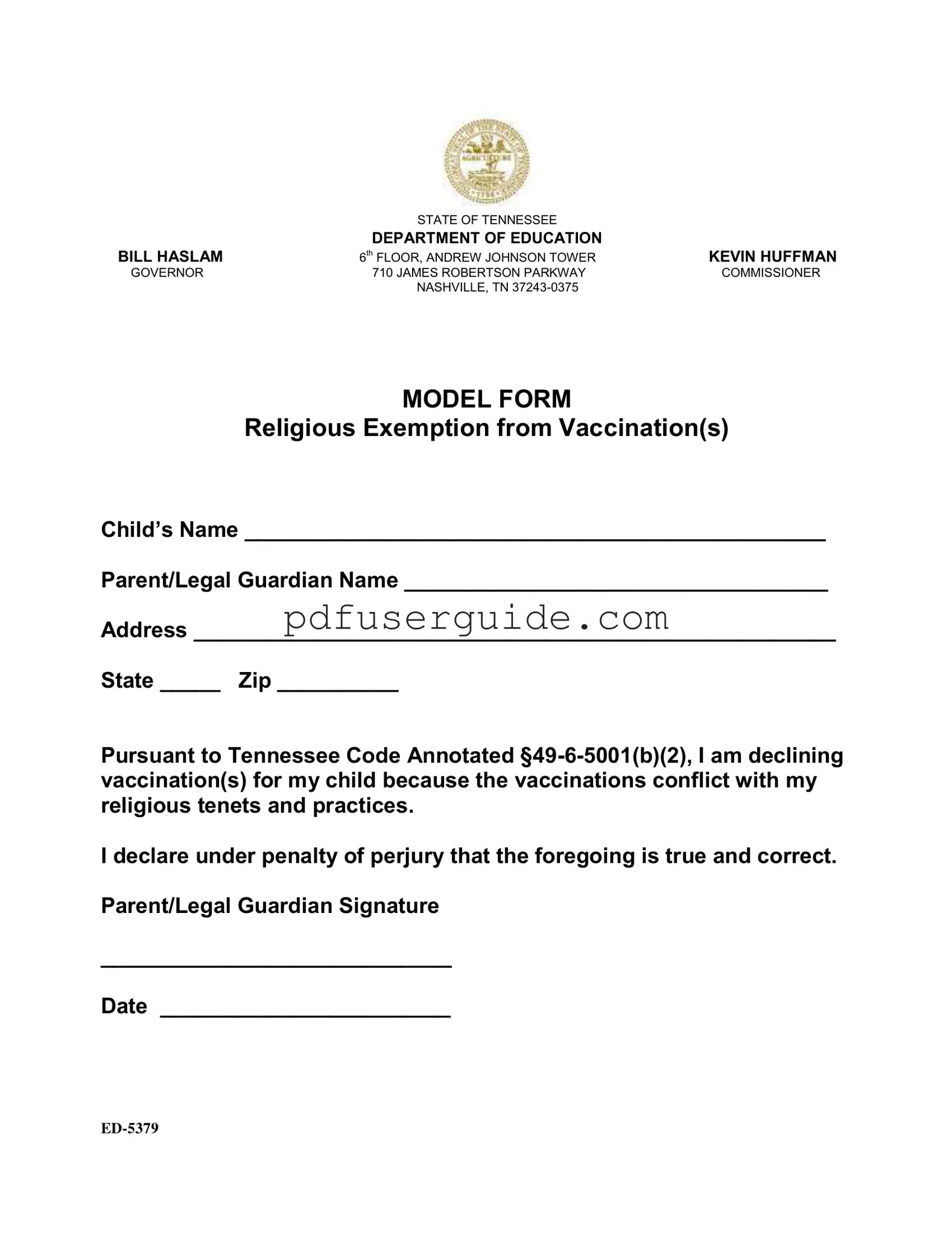 Free Tn Exemption Vaccination Form in PDF