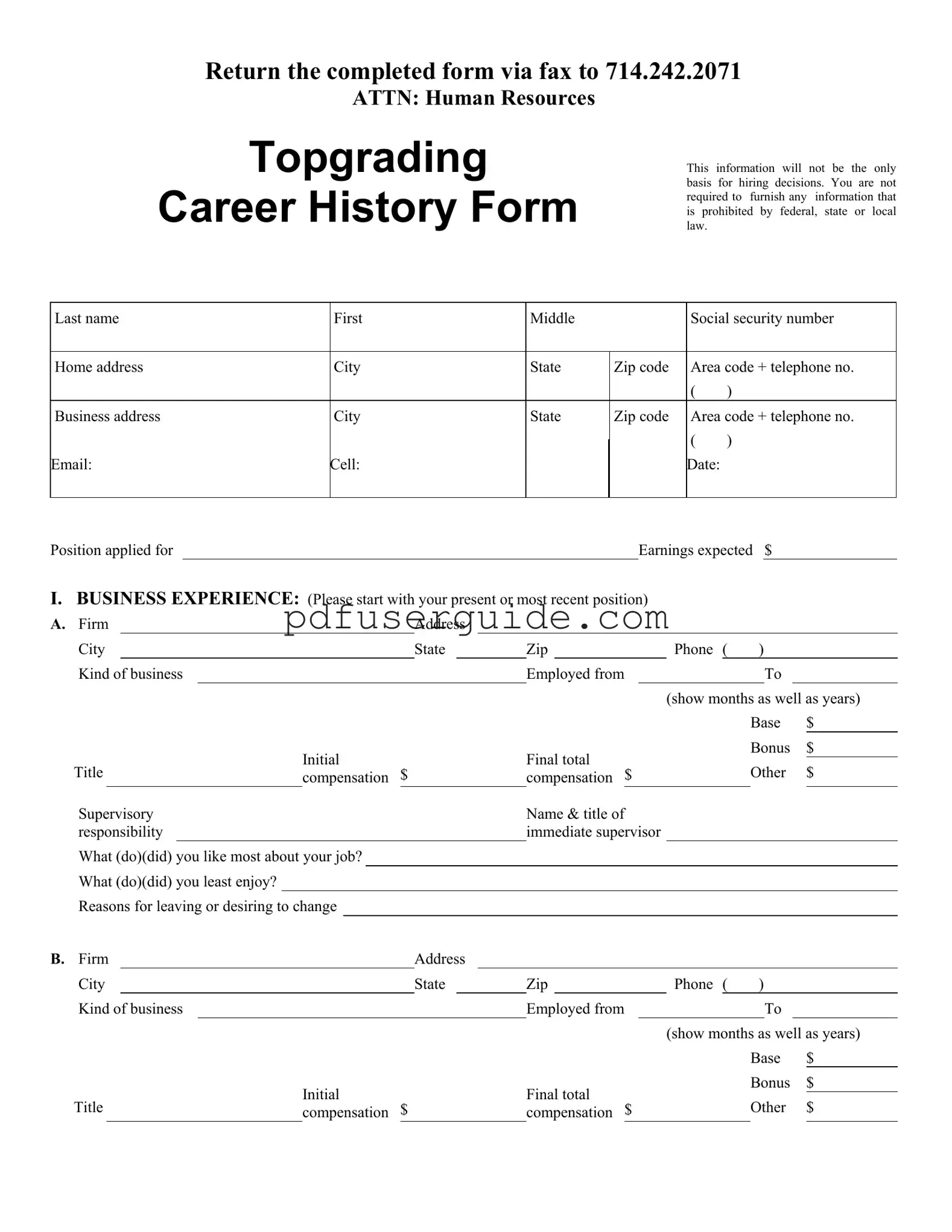 Free Topgrading Career History Form in PDF