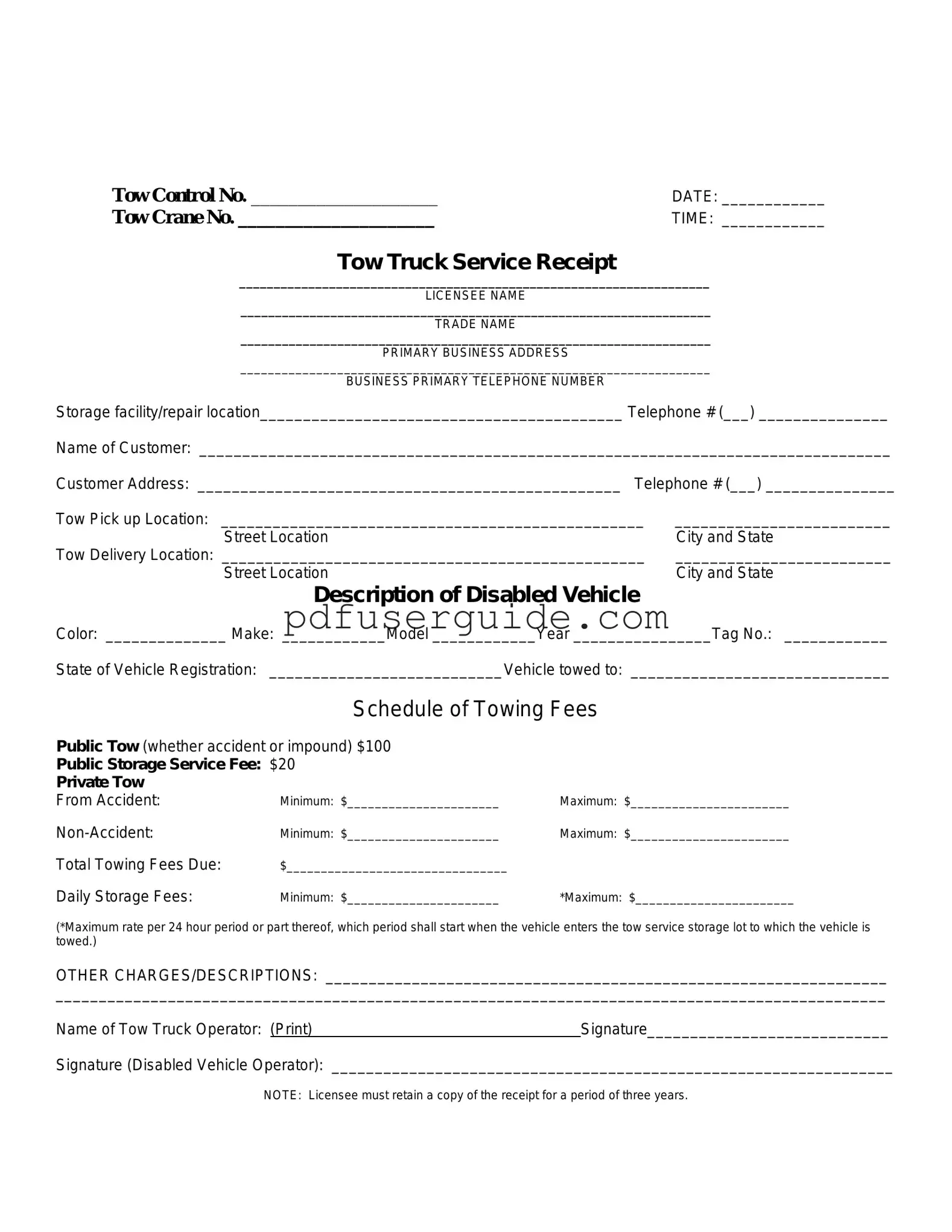 Free Tow Truck Receipt Form in PDF